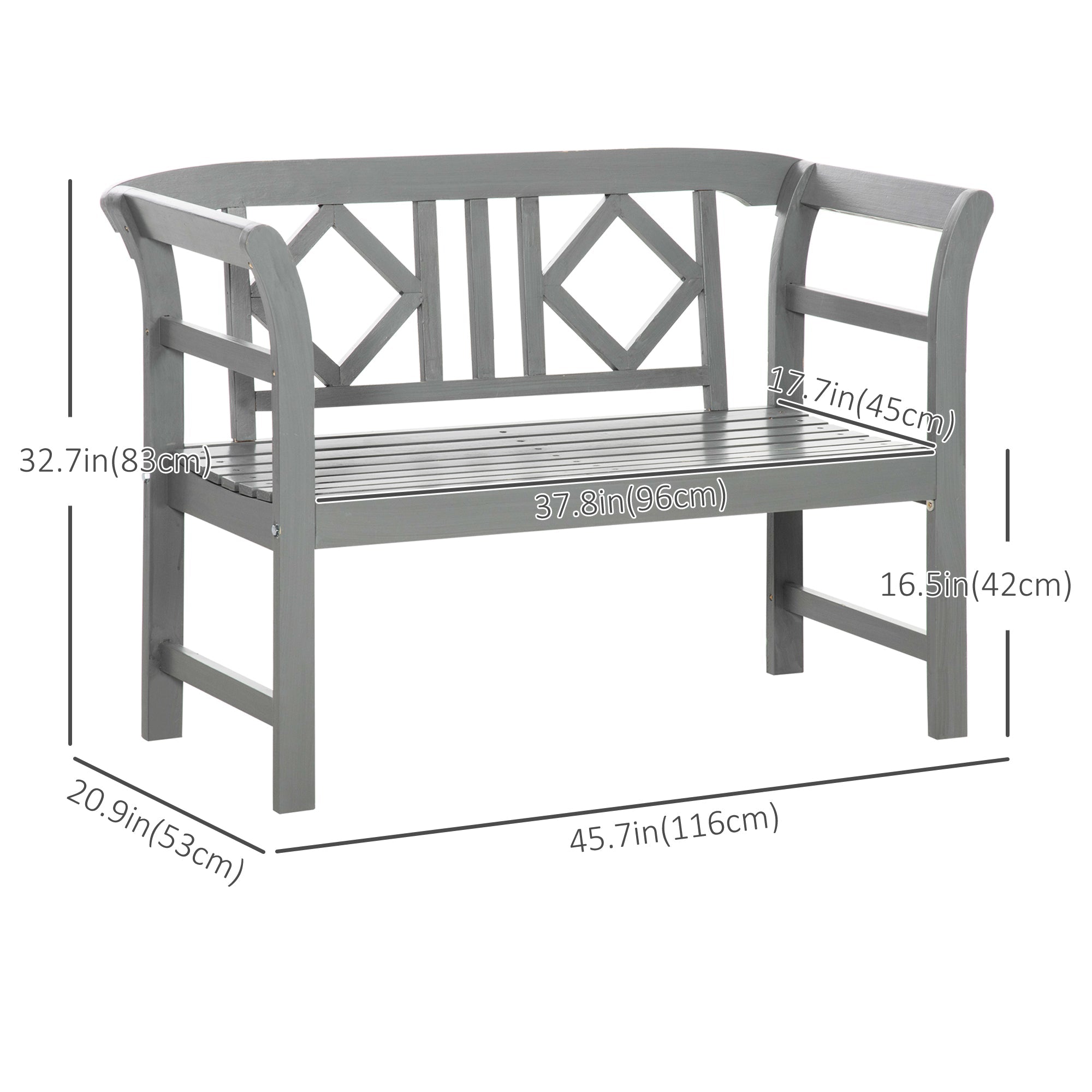 Outdoor Wooden Bench, Patio Loveseat Chair with Stylish Pattern Backrest and Armrests for Yard, Lawn, Porch, Dark Gray Outdoor Benches   at Gallery Canada