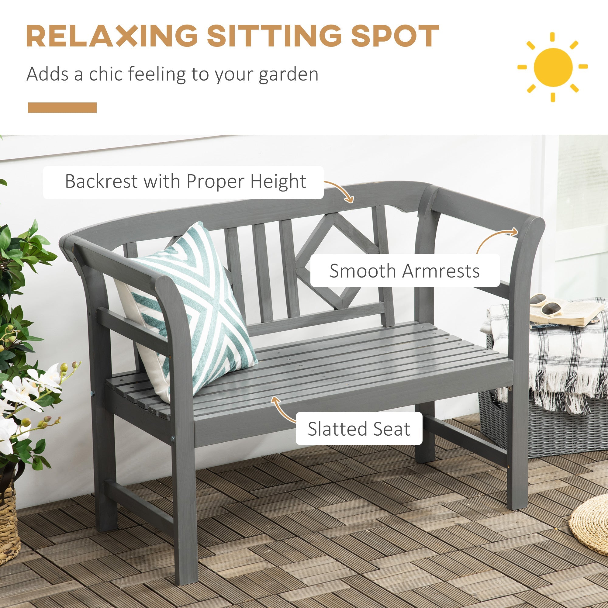 Outdoor Wooden Bench, Patio Loveseat Chair with Stylish Pattern Backrest and Armrests for Yard, Lawn, Porch, Dark Gray Outdoor Benches   at Gallery Canada