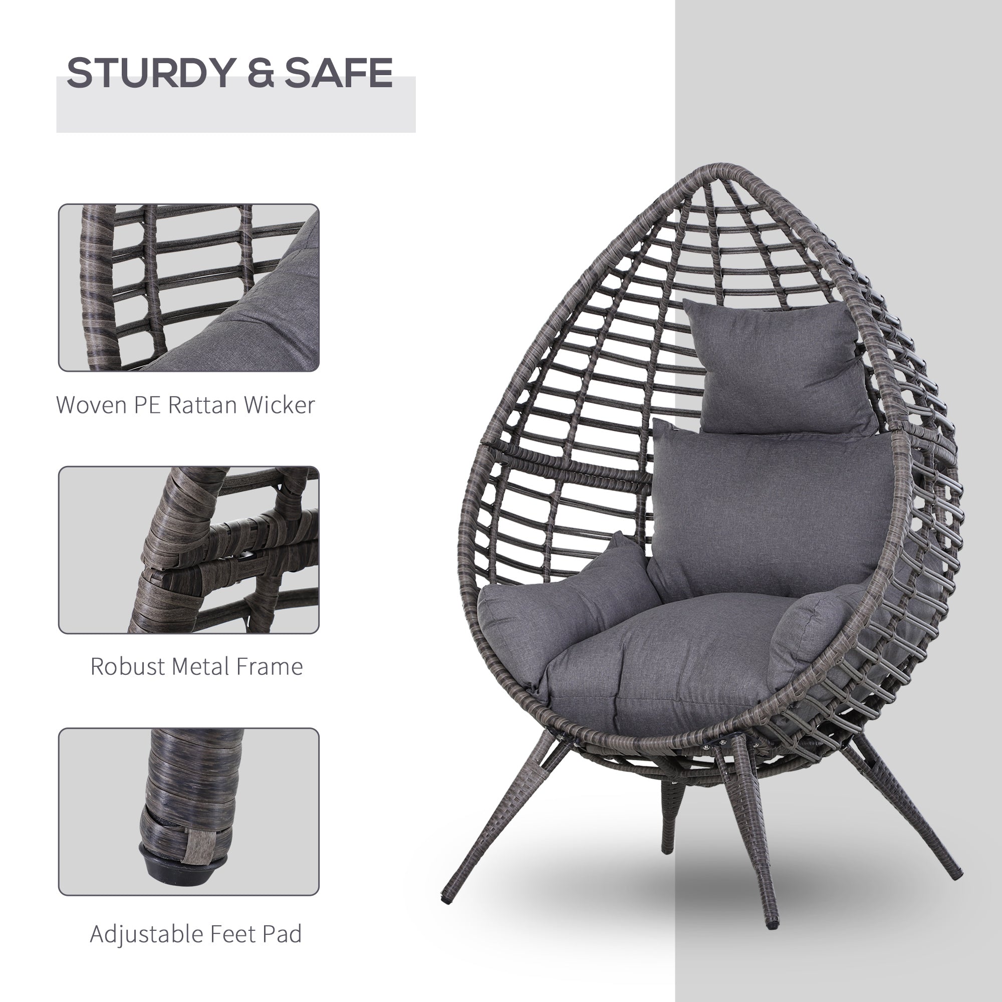 Outdoor/Indoor Rattan Chair with Soft Cushion, Wicker Egg Lounge Chair for Backyard Garden Balcony Lawn, Grey Patio Chairs   at Gallery Canada