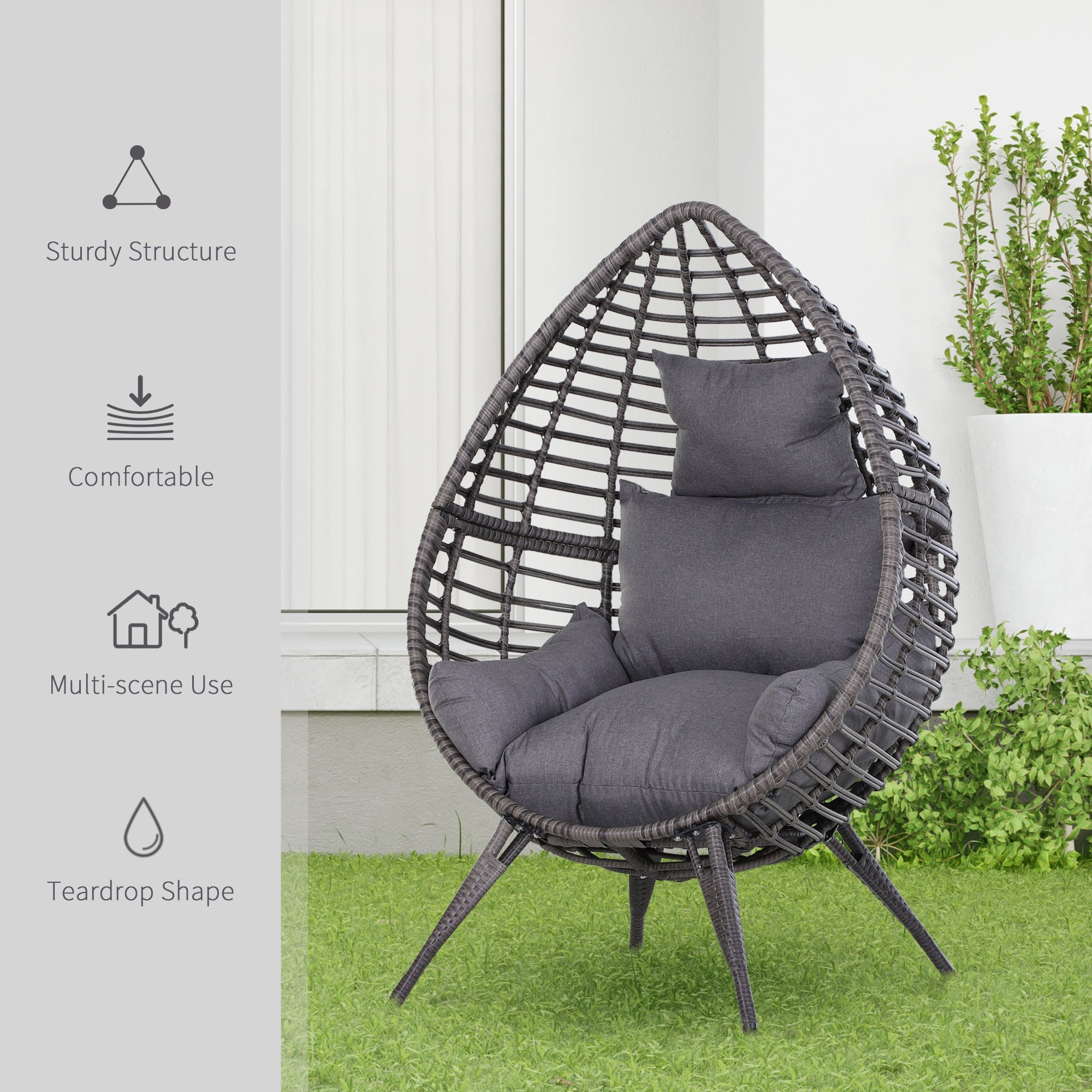 Outdoor/Indoor Rattan Chair with Soft Cushion, Wicker Egg Lounge Chair for Backyard Garden Balcony Lawn, Grey Patio Chairs   at Gallery Canada