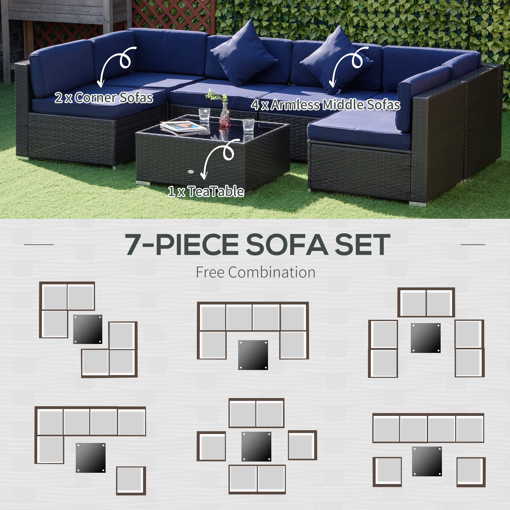 7 Pieces Patio Furniture Set, Rattan Outdoor Conversation Set Garden Wicker Sofa Set, Sectional Furniture, Navy Patio Furniture Sets   at Gallery Canada