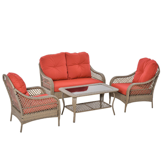 Wicker 4-Piece Outdoor Sofa Set with Cushions and Glass Tabletop, Khaki & Red Patio Furniture Sets Khaki & Red  at Gallery Canada