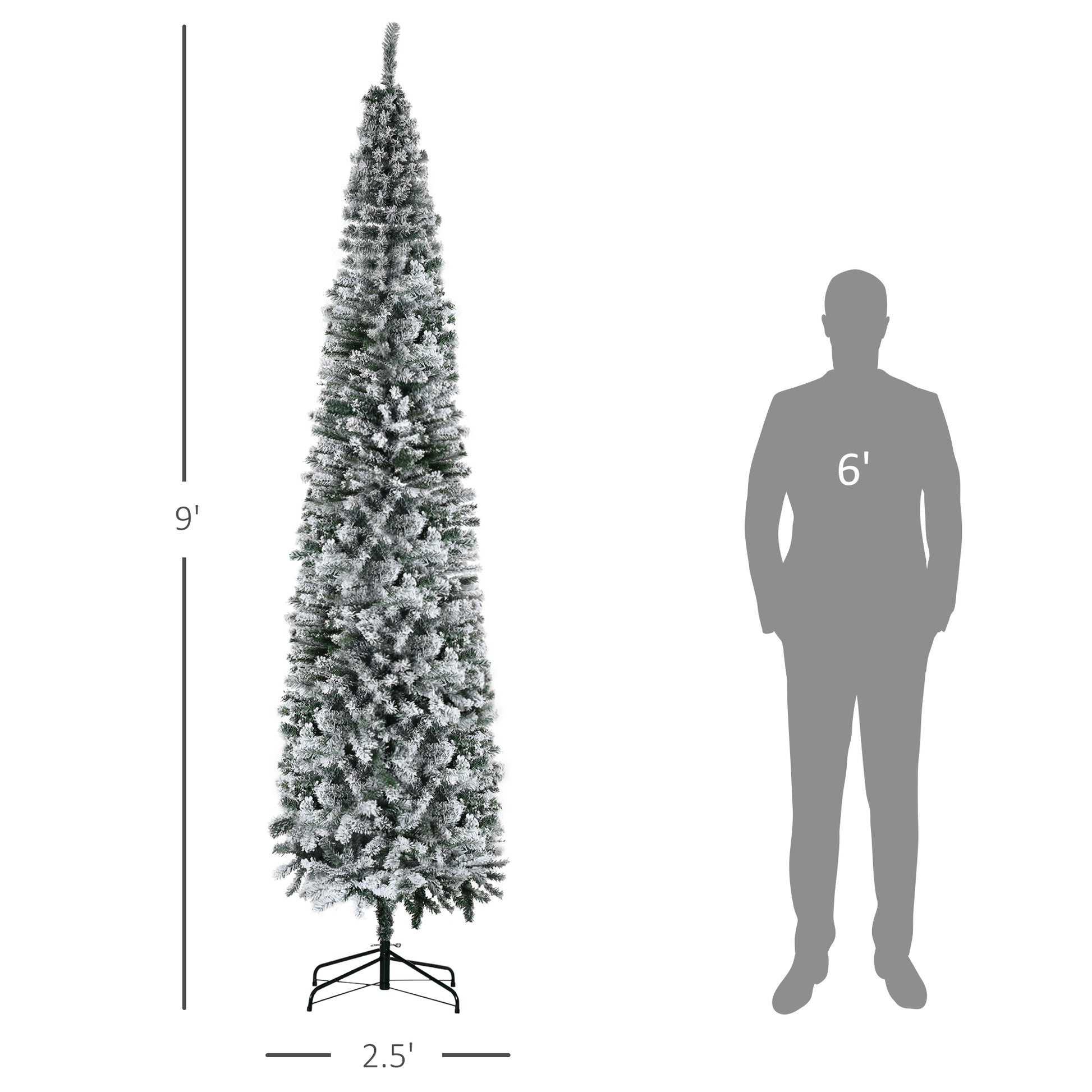 9ft Snow Flocked Pencil Christmas Tree Artificial Slim Xmas Tree with Realistic Branch Tips Folding Metal Stand Pencil Christmas Trees   at Gallery Canada