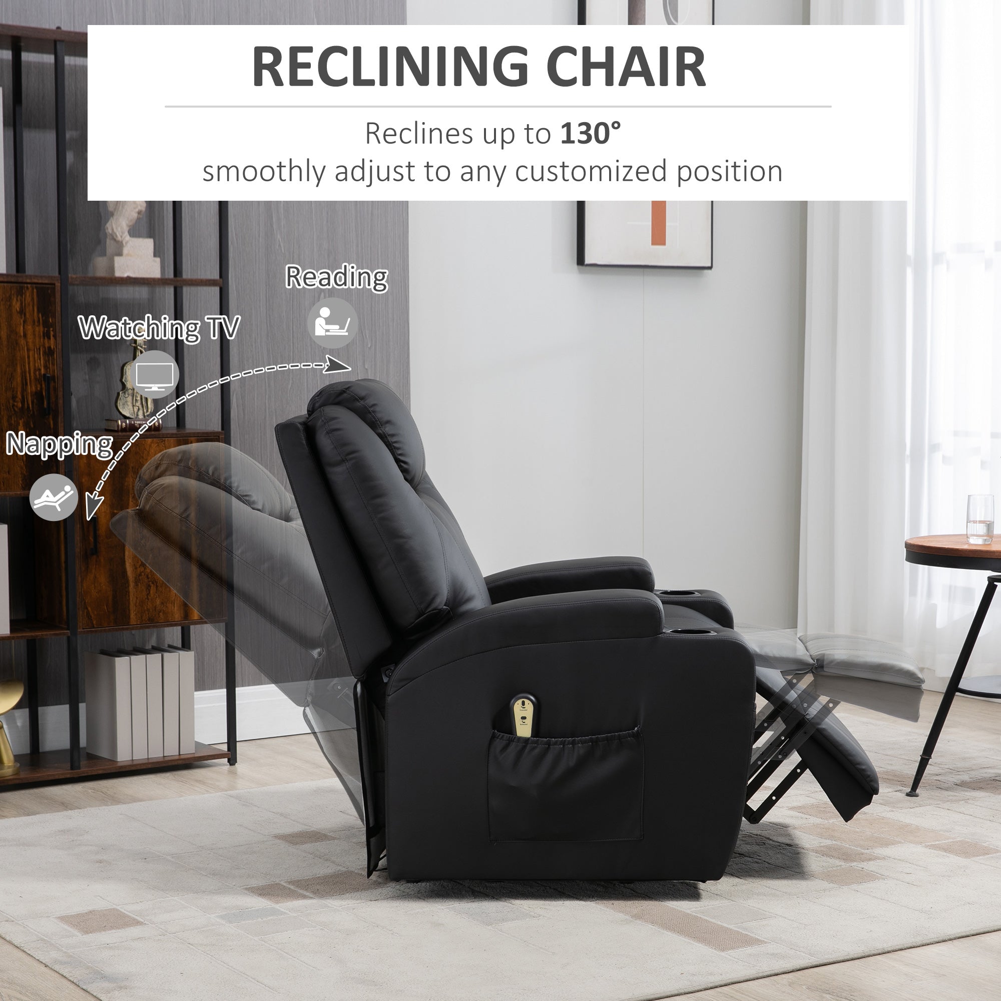 Power Lift Chair for Elderly, PU Leather Recliner Sofa Chair with Footrest, Remote Control, Side Pockets and Cup Holders, Black Electric Power Lift Chairs   at Gallery Canada