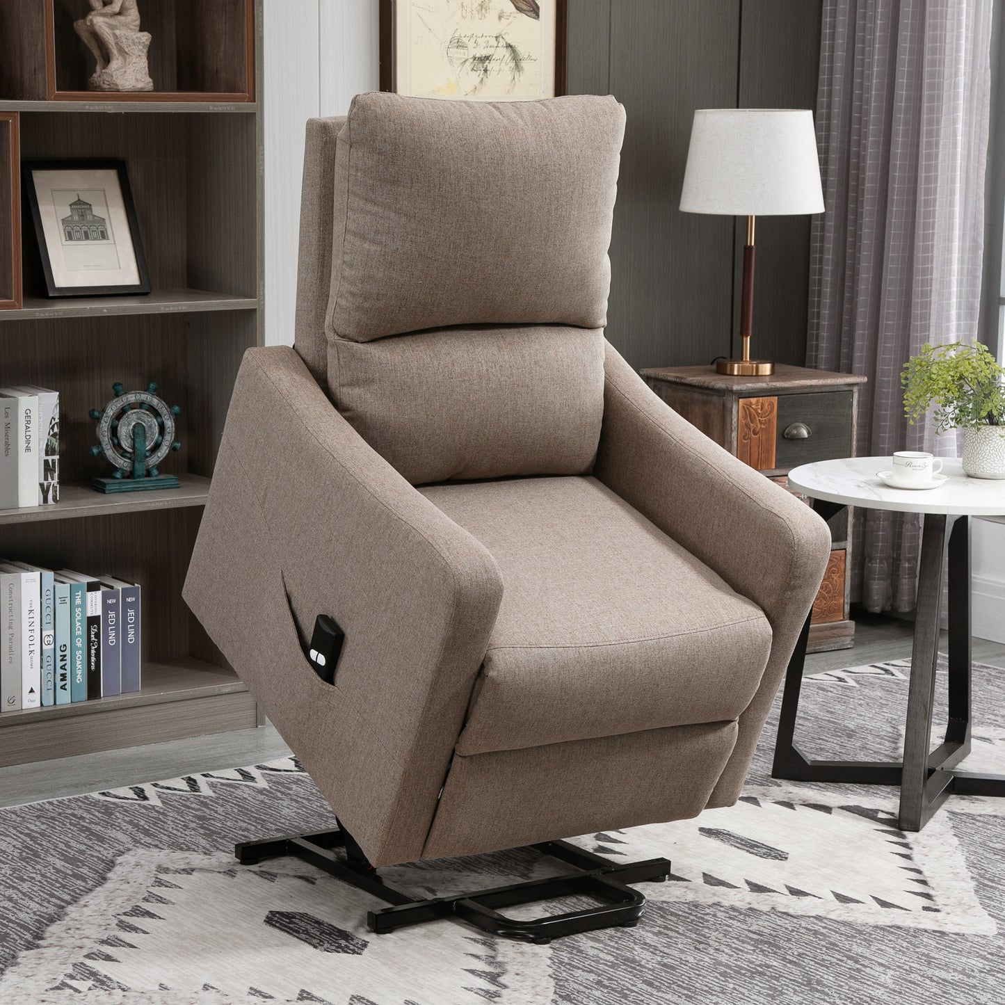 Electric Lift Recliner Chair Rising Power Chaise Lounge Fabric Sofa with Remote Control &; Side Pocket for Living Room, Brown Electric Power Lift Chairs   at Gallery Canada