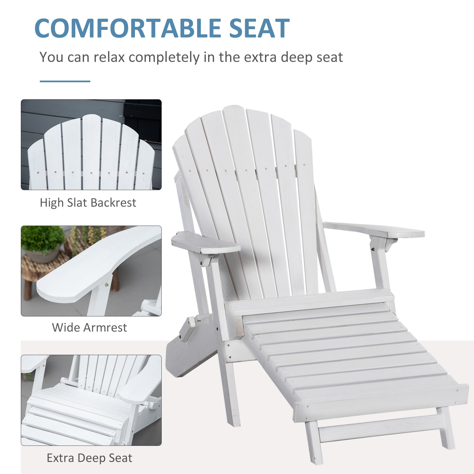 Adirondack Outdoor Patio, Porch, Poolside, Garden, Foldable Lounger Wooden Chair with Ottoman, White Patio Chairs   at Gallery Canada