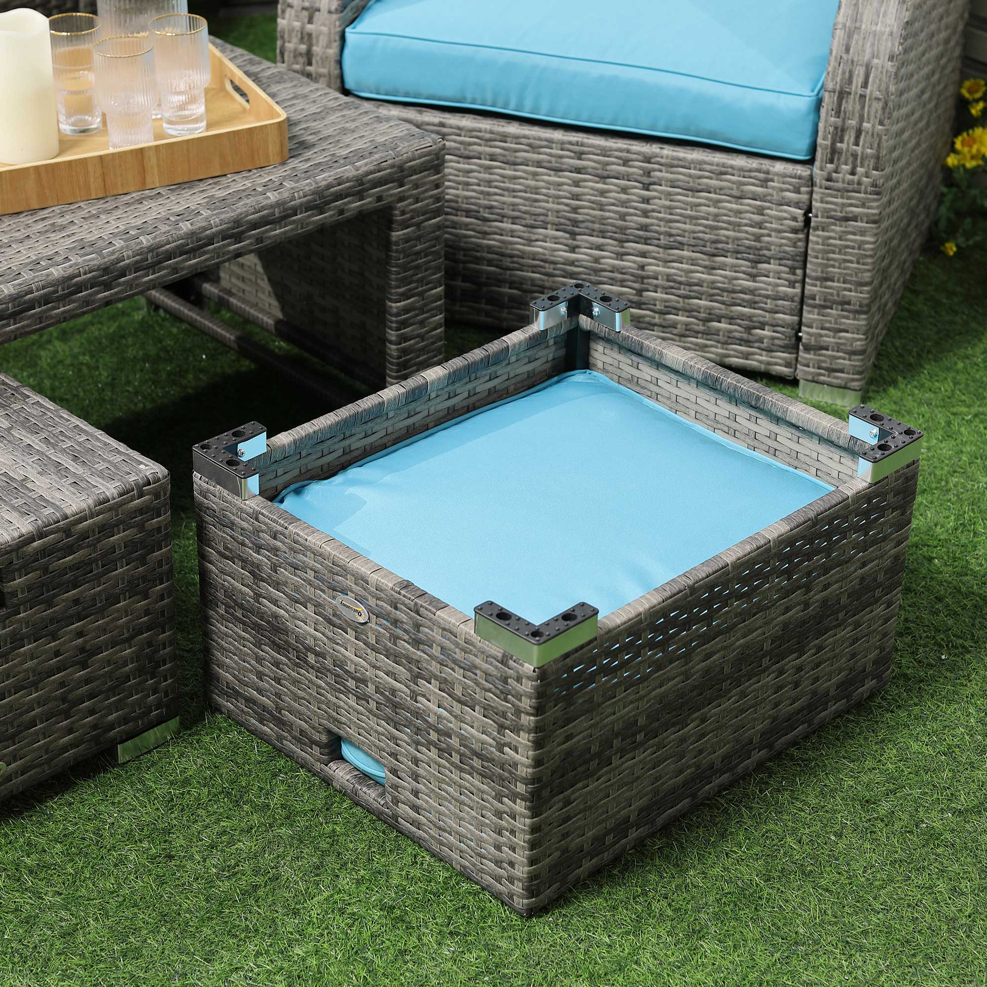 6-Piece Wicker Patio Furniture Set with Cushions, Recliners, Footstools, Table - Sky Blue Patio Furniture Sets   at Gallery Canada