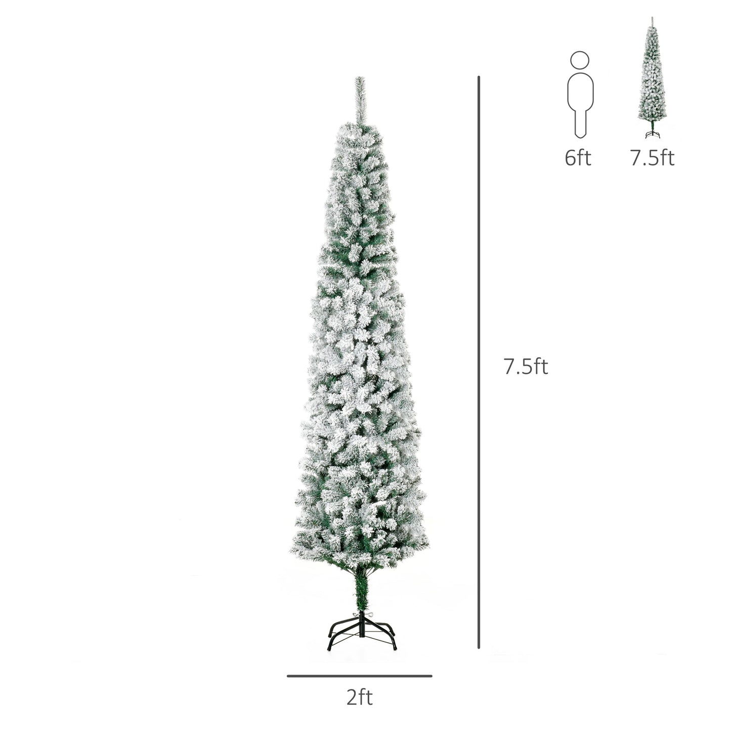 7.5ft Snow Flocked Pencil Christmas Tree Artificial Slim Xmas Tree with Realistic Branch Tips Folding Metal Stand Pencil Christmas Trees   at Gallery Canada