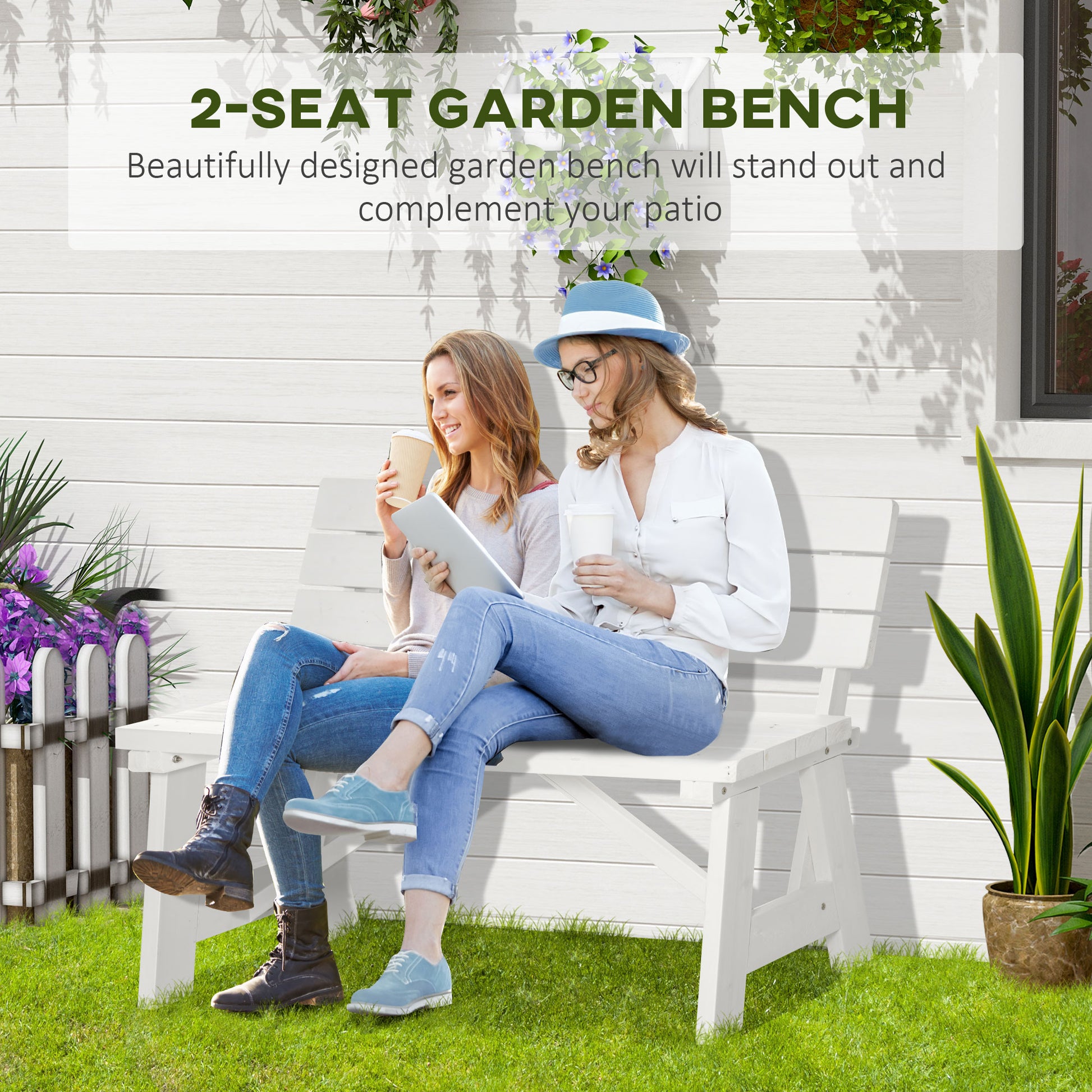 Wooden Garden Bench for Outdoor, 2-person Patio Bench, Loveseat Furniture for Lawn, Deck, Yard, Porch and Entryway, White Outdoor Benches   at Gallery Canada