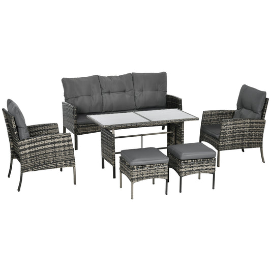 6 Piece Patio Furniture Set with Patio Chairs, Ottomans, Sofa, Glass Top Table and Cushions, Sectional Wicker Rattan conversation set for Backyard, Porch, Gray - Gallery Canada
