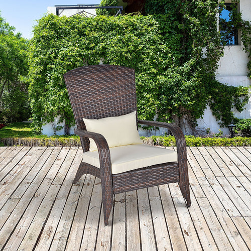 Patio Adirondack Chair, Outdoor PE Rattan Muskoka Chair, Fire Pit Chair with Cushion for Poolside, Balcony, Patio, Deck Garden, Backyard, Cream