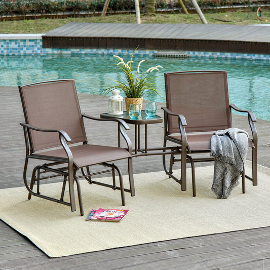Patio Double Glider Chair with Glass Top Center Table, Outdoor Glider Chair with High Back, Sling Fabric for Garden, Bench, Brown - Gallery Canada