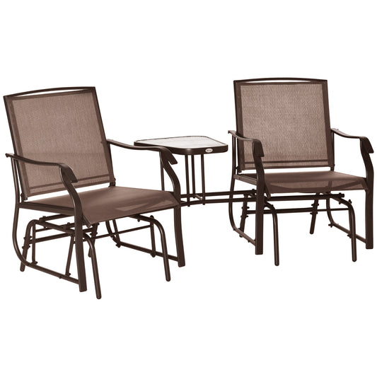 Patio Double Glider Chair with Glass Top Center Table, Outdoor Glider Chair with High Back, Sling Fabric for Garden, Bench, Brown - Gallery Canada
