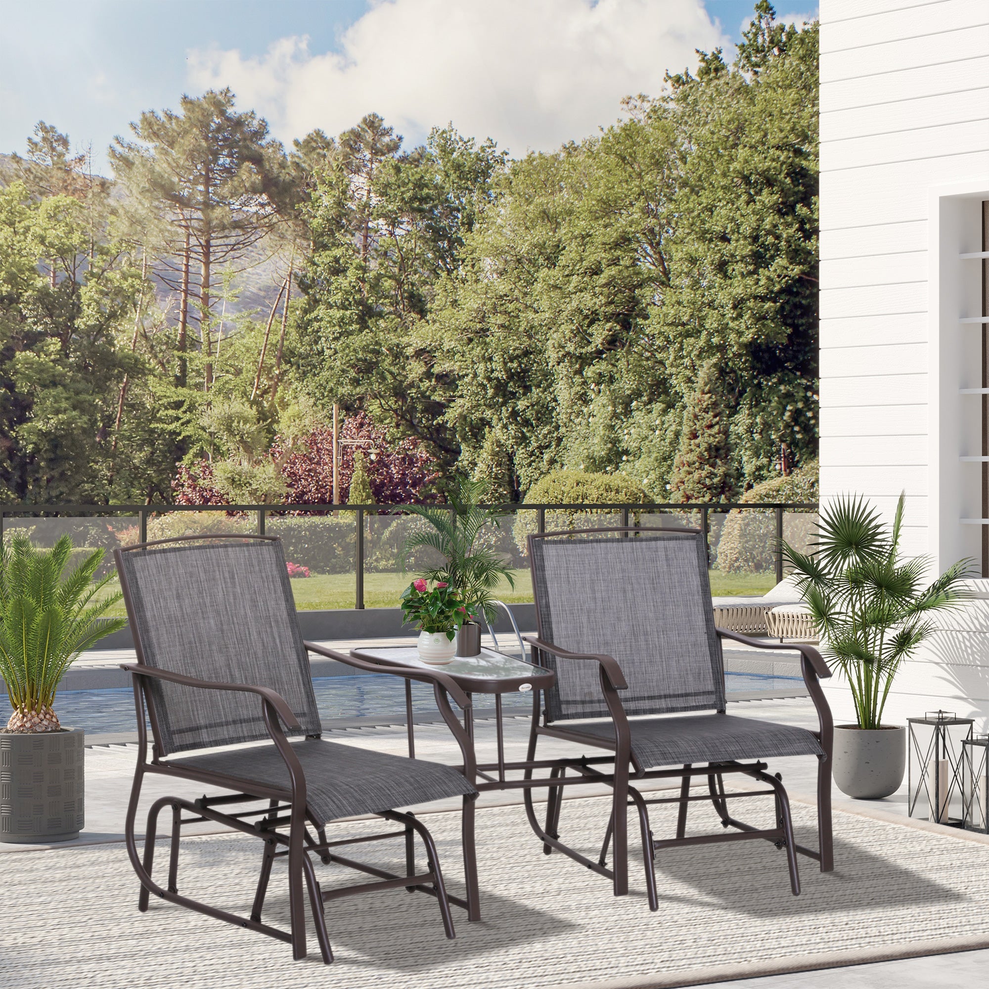 Patio Double Glider Chair with Glass Top Center Table, Outdoor Glider Chair with High Back, Sling Fabric for Garden, Bench, Grey Outdoor Gliders   at Gallery Canada