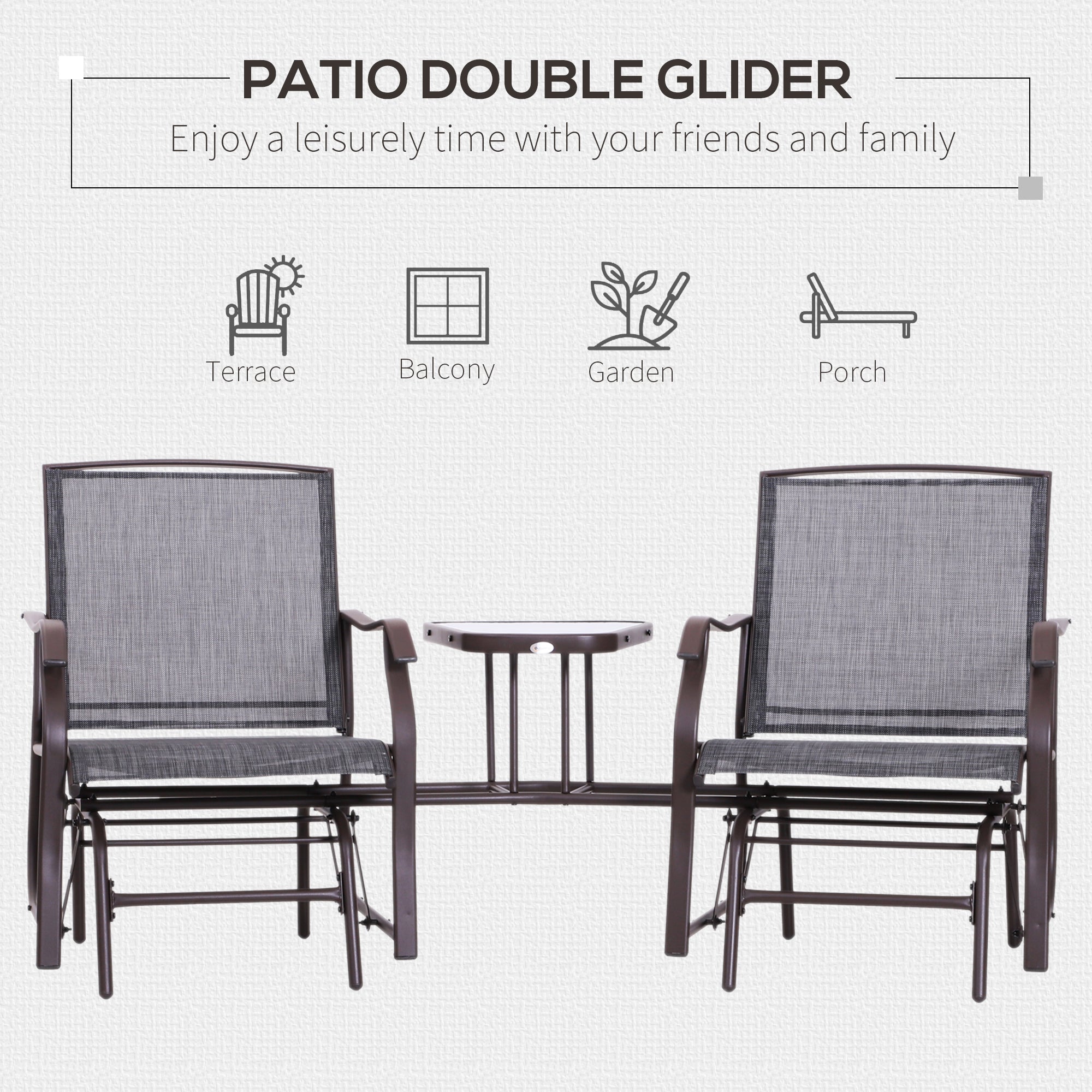 Patio Double Glider Chair with Glass Top Center Table, Outdoor Glider Chair with High Back, Sling Fabric for Garden, Bench, Grey Outdoor Gliders   at Gallery Canada