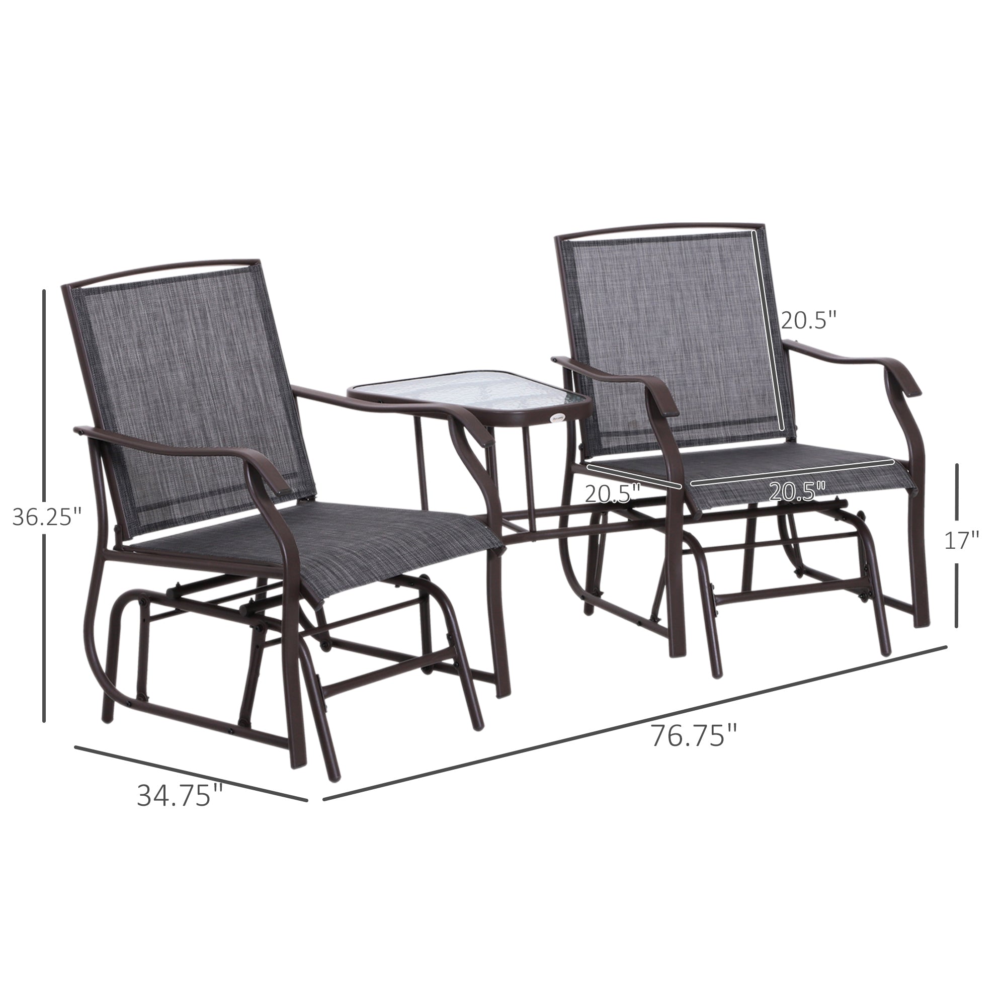 Patio Double Glider Chair with Glass Top Center Table, Outdoor Glider Chair with High Back, Sling Fabric for Garden, Bench, Grey Outdoor Gliders   at Gallery Canada