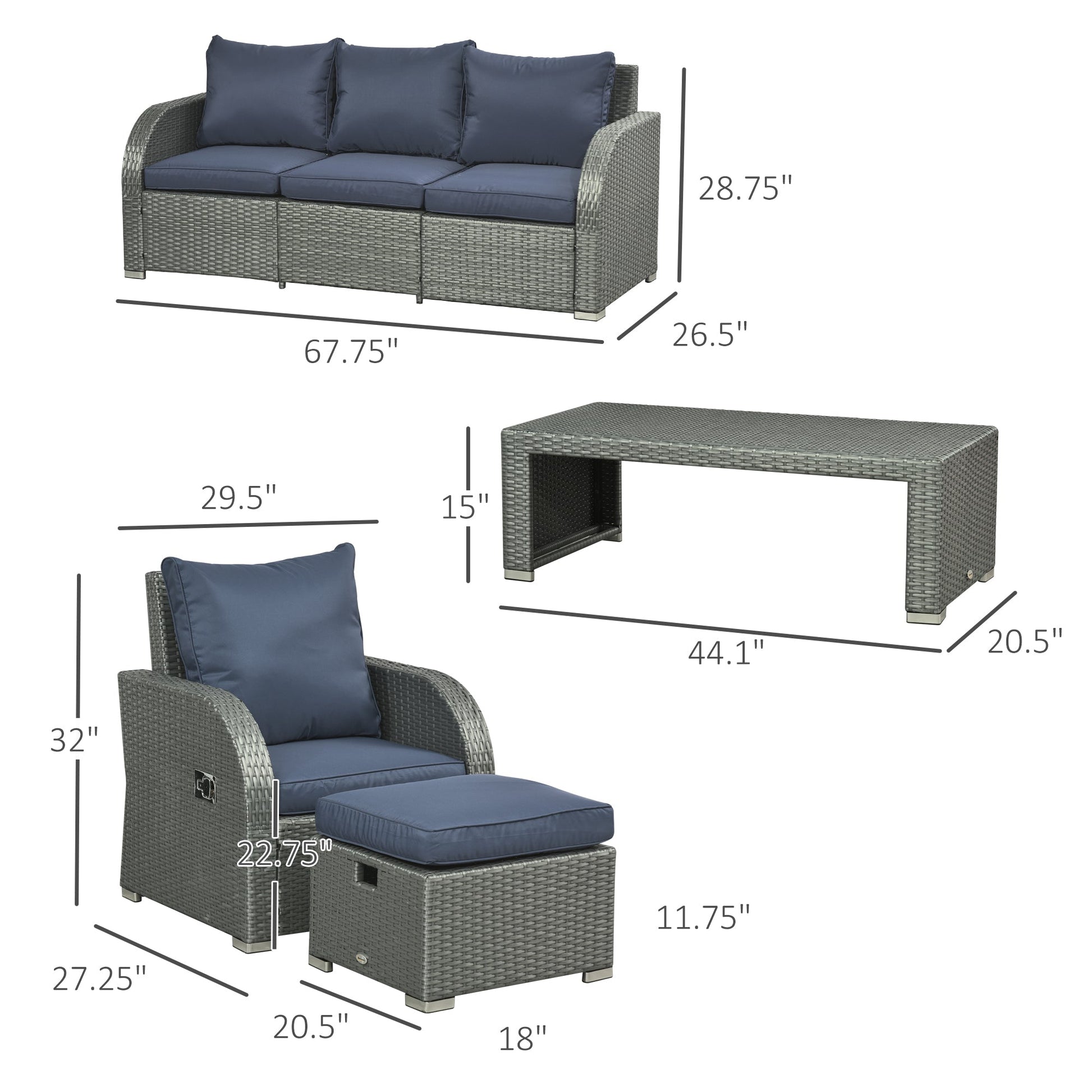 6-Piece PE Wicker Patio Furniture Set: Sofa, Recliners, Footstools, Table, Blue Patio Furniture Sets   at Gallery Canada