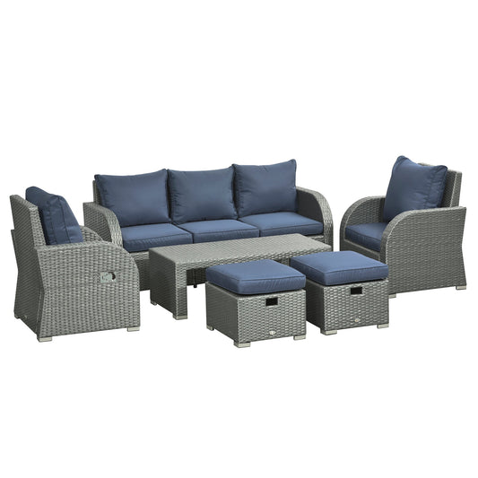 Patio Furniture with Cushions, 6 Pieces PE Wicker Patio Sectional Furniture Conversation Set w/ a Three-Seat Sofa, 2 Recliner Chairs, 2 Footstools &; Table, Dark Blue - Gallery Canada