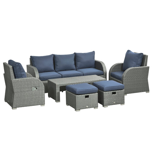 6-Piece PE Wicker Patio Furniture Set: Sofa, Recliners, Footstools, Table, Blue