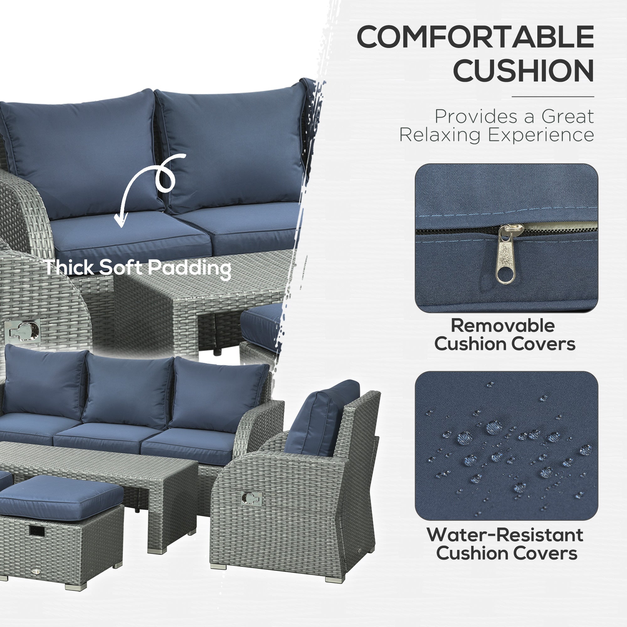 6-Piece PE Wicker Patio Furniture Set: Sofa, Recliners, Footstools, Table, Blue Patio Furniture Sets   at Gallery Canada