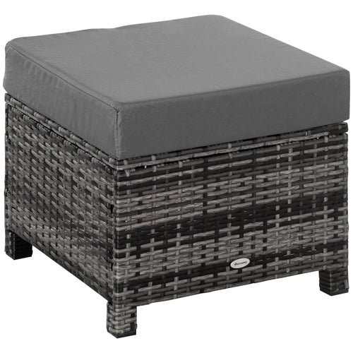 Patio Rattan Ottoman, Outdoor Wicker Footrest with Soft Cushion, Metal Frame for Backyard, Garden, and Poolside, Grey