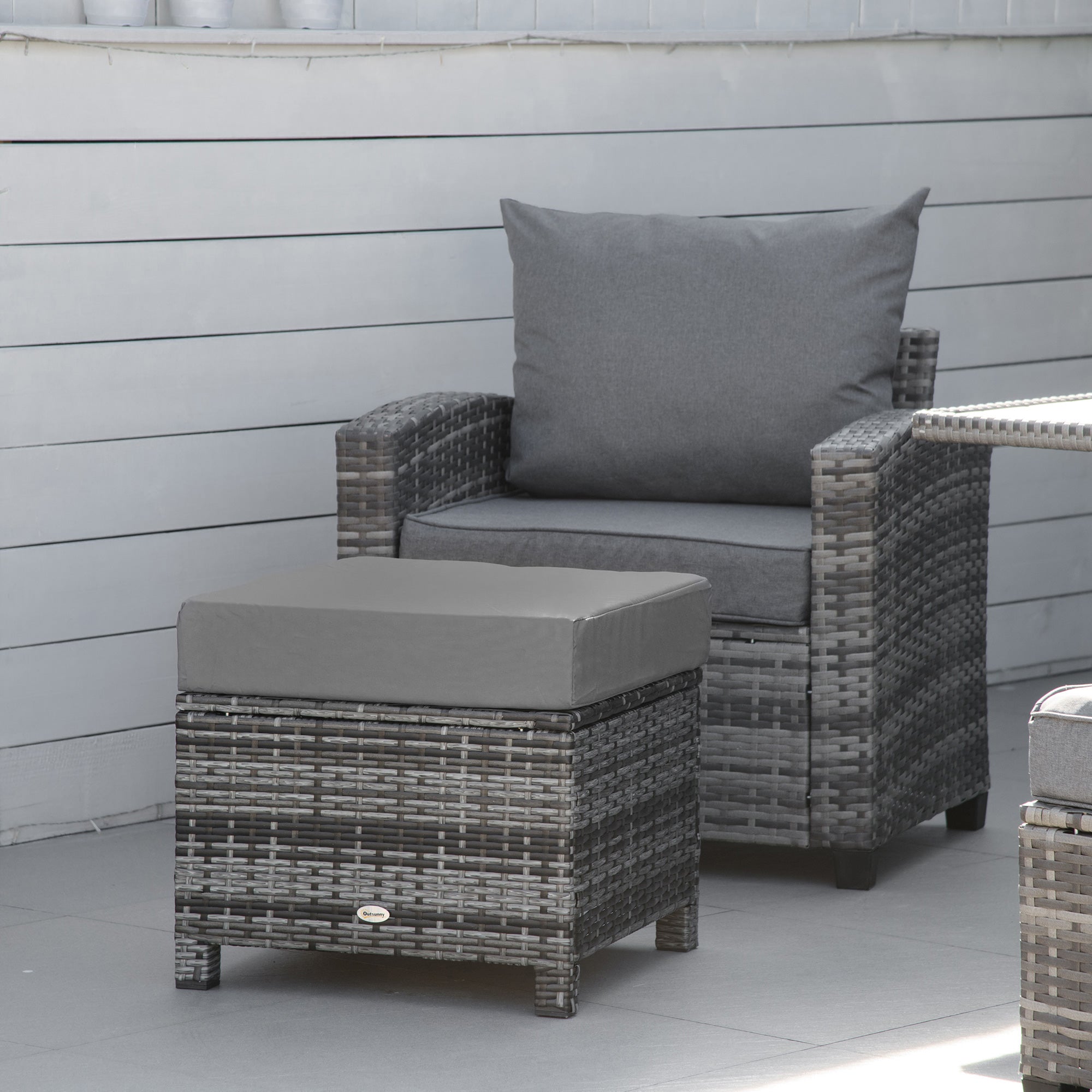 Patio Rattan Ottoman, Outdoor Wicker Footrest with Soft Cushion, Metal Frame for Backyard, Garden, and Poolside, Grey Patio Furniture Sets   at Gallery Canada