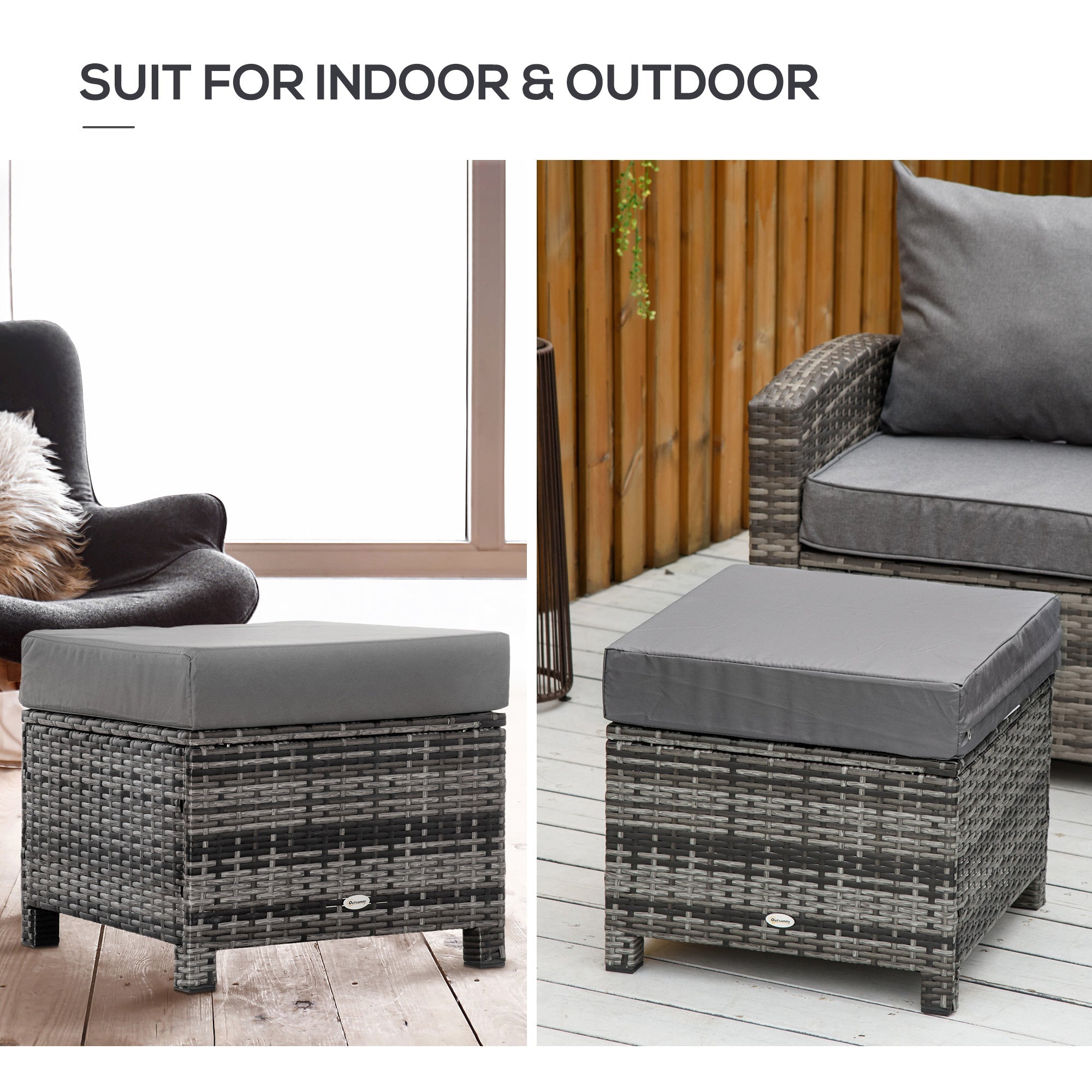 Patio Rattan Ottoman, Outdoor Wicker Footrest with Soft Cushion, Metal Frame for Backyard, Garden, and Poolside, Grey Patio Furniture Sets   at Gallery Canada