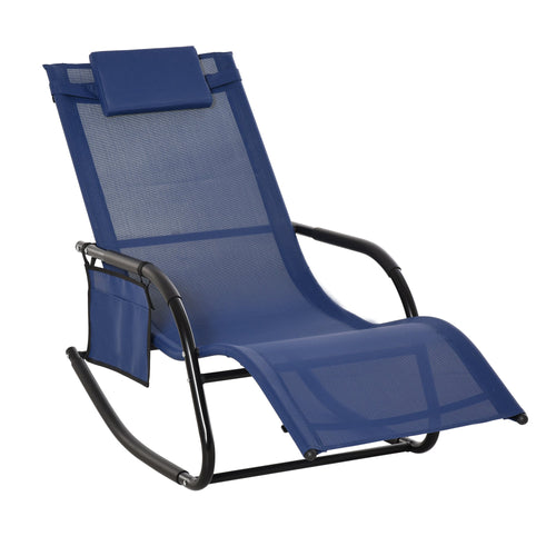 Patio Rocking Chair with Mesh Fabric, Outdoor Rocking Sling Sun Lounger with Removable Headrest and Side Pocket for Garden, Deck, Lawn, Blue