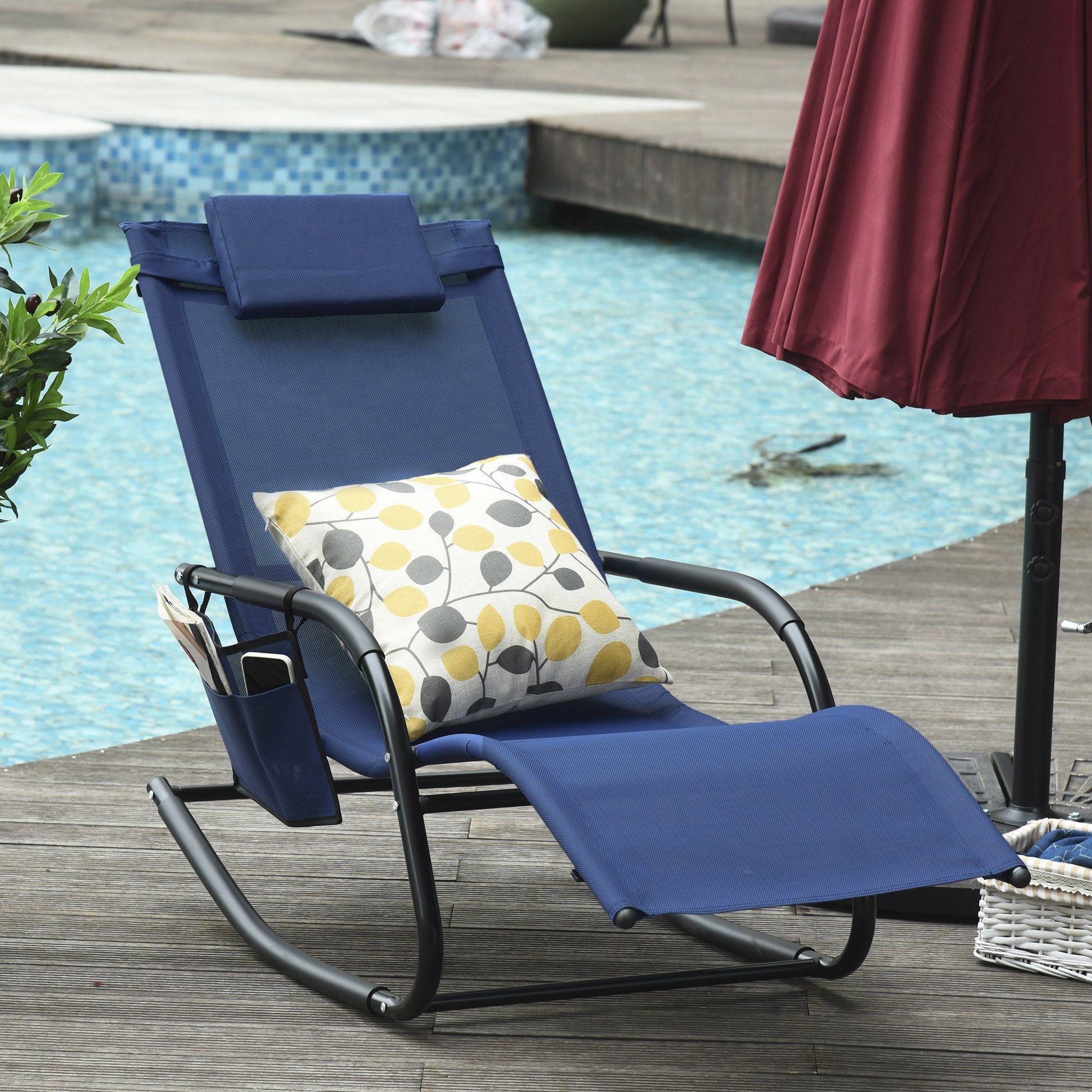 Patio Rocking Chair with Mesh Fabric, Outdoor Rocking Sling Sun Lounger with Removable Headrest and Side Pocket for Garden, Deck, Lawn, Blue Outdoor Rocking Chairs   at Gallery Canada