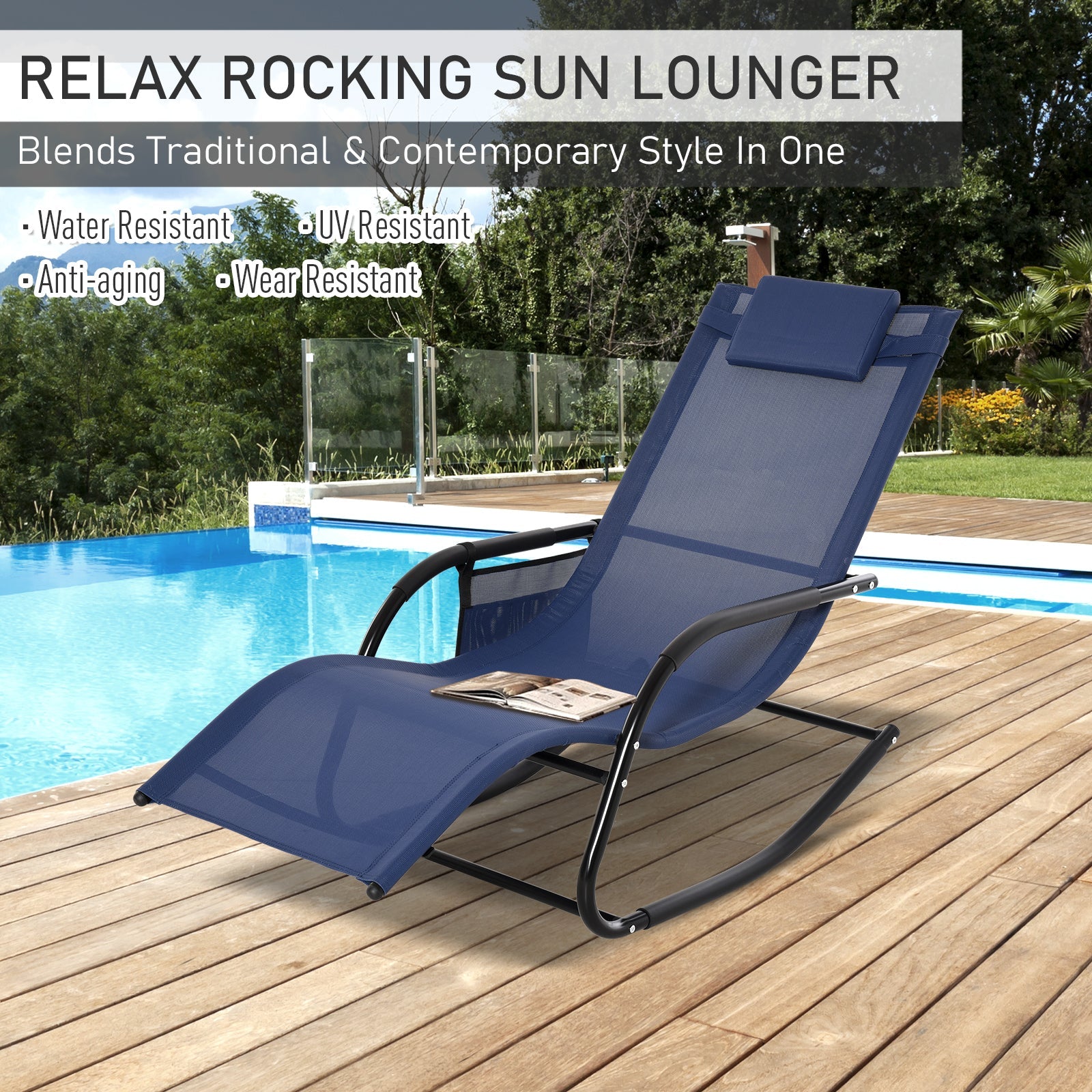 Patio Rocking Chair with Mesh Fabric, Outdoor Rocking Sling Sun Lounger with Removable Headrest and Side Pocket for Garden, Deck, Lawn, Blue Outdoor Rocking Chairs   at Gallery Canada