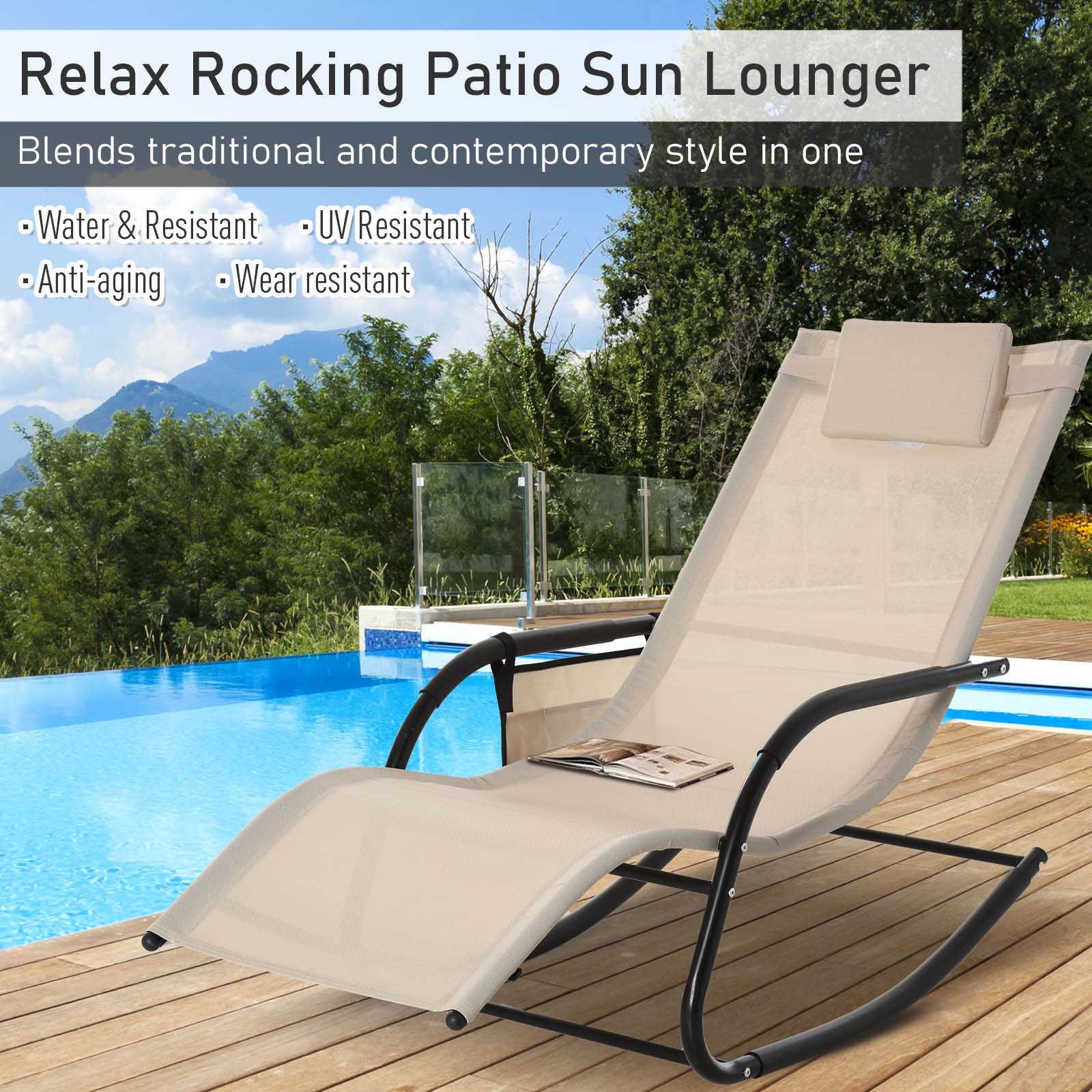 Patio Rocking Chair with Mesh Fabric, Outdoor Rocking Sling Sun Lounger with Removable Headrest and Side Pocket for Garden, Deck, Lawn, Cream White Outdoor Rocking Chairs   at Gallery Canada