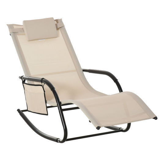 Patio Rocking Chair with Mesh Fabric, Outdoor Rocking Sling Sun Lounger with Removable Headrest and Side Pocket for Garden, Deck, Lawn, Cream White Outdoor Rocking Chairs Cream  at Gallery Canada