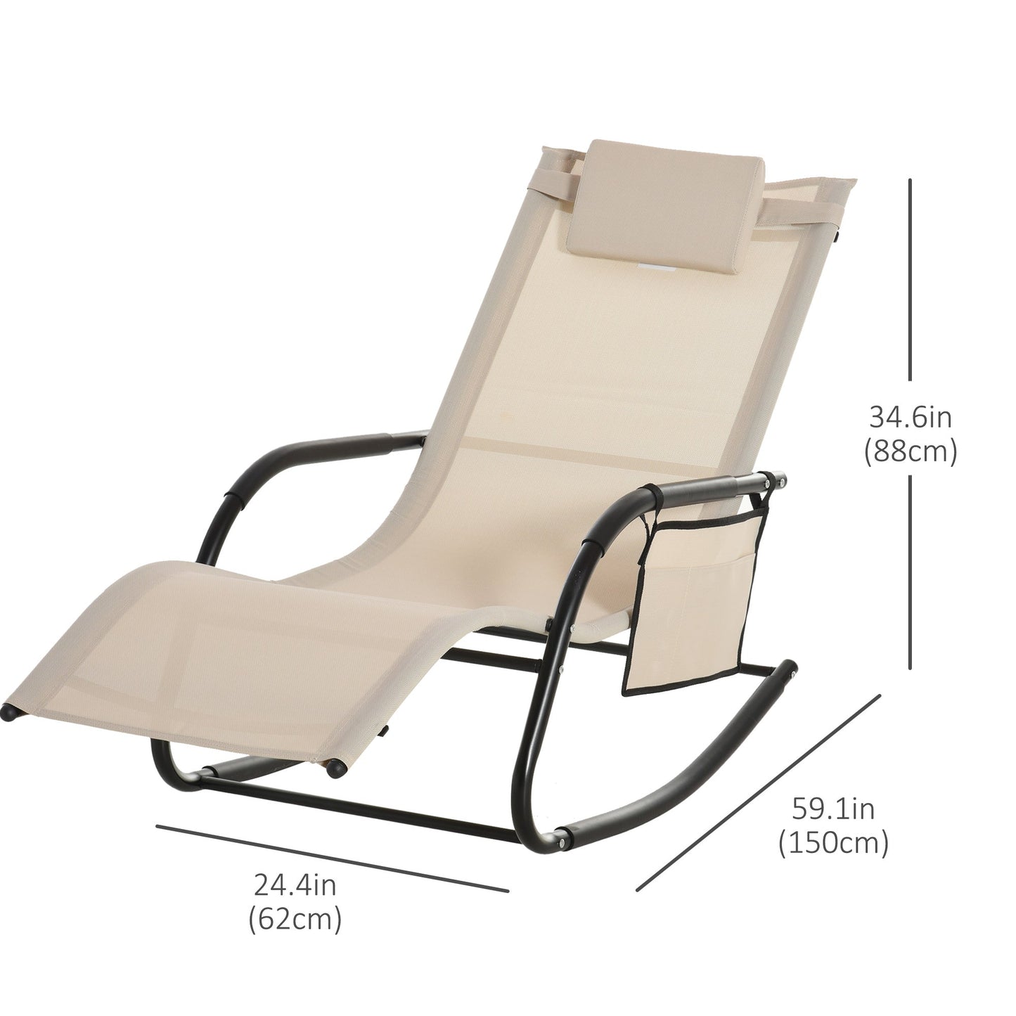 Patio Rocking Chair with Mesh Fabric, Outdoor Rocking Sling Sun Lounger with Removable Headrest and Side Pocket for Garden, Deck, Lawn, Cream White Outdoor Rocking Chairs   at Gallery Canada