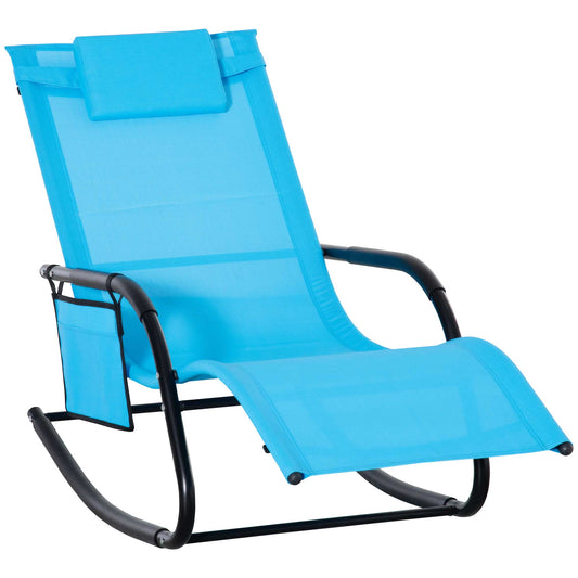 Patio Rocking Chair with Mesh Fabric, Outdoor Rocking Sling Sun Lounger with Removable Headrest and Side Pocket for Garden, Deck, Lawn, Dark Blue Outdoor Rocking Chairs Dark Blue  at Gallery Canada