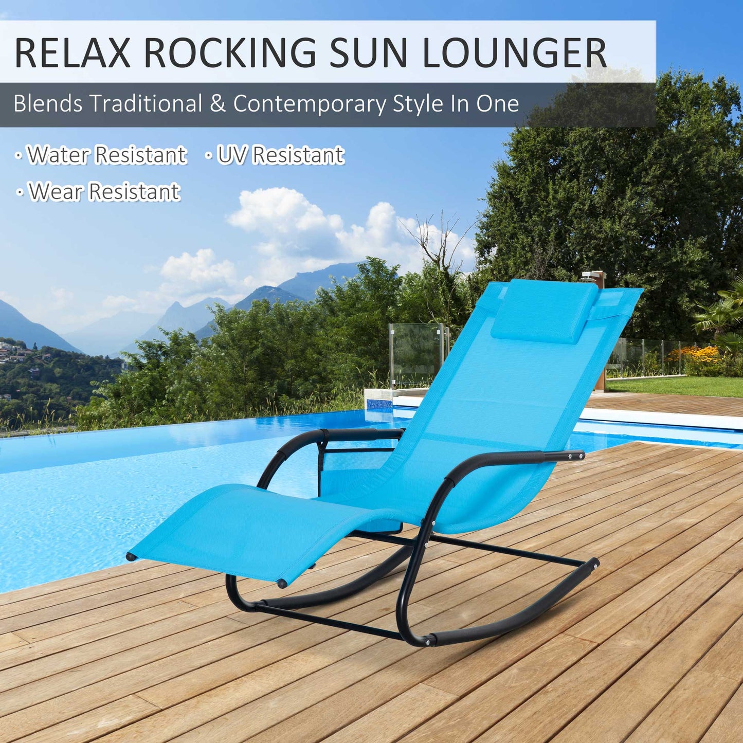 Patio Rocking Chair with Mesh Fabric, Outdoor Rocking Sling Sun Lounger with Removable Headrest and Side Pocket for Garden, Deck, Lawn, Dark Blue Outdoor Rocking Chairs   at Gallery Canada