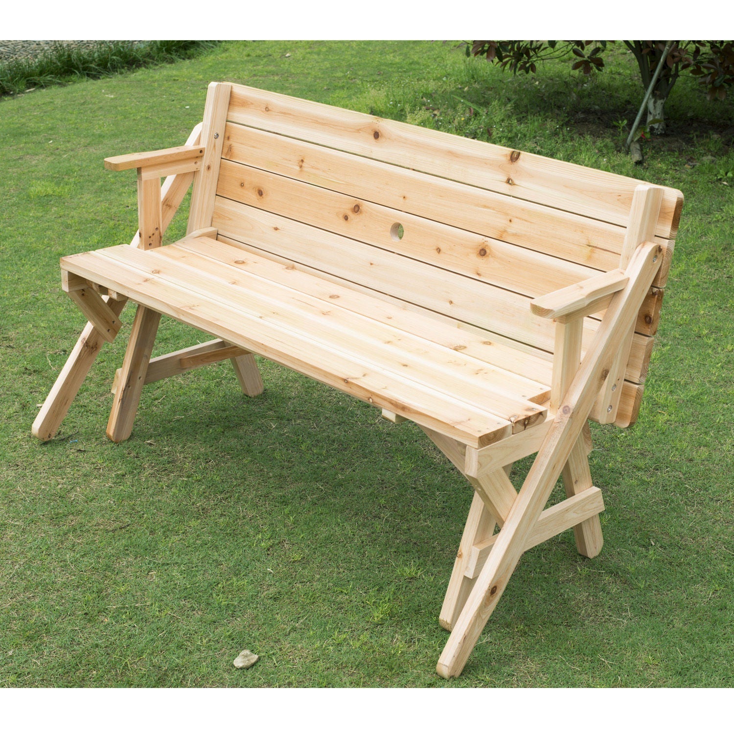 Patio Wooden Folding Picnic Table with Benches, Outdoor 2 in 1 Convertible Patio &; Garden Bench, Foldable Picnic Table with Umbrella Hole, Nature Outdoor Dining Sets   at Gallery Canada