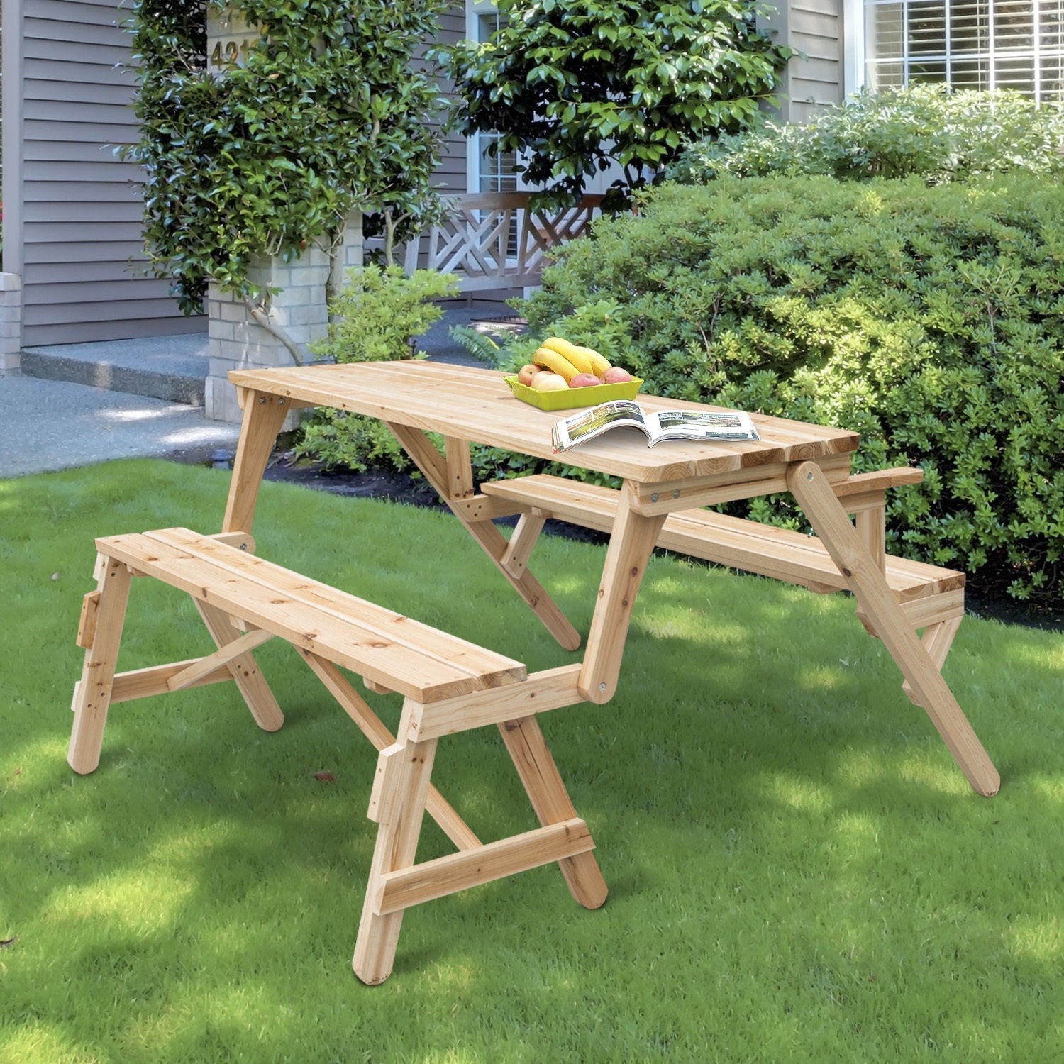 Patio Wooden Folding Picnic Table with Benches, Outdoor 2 in 1 Convertible Patio &; Garden Bench, Foldable Picnic Table with Umbrella Hole, Nature Outdoor Dining Sets   at Gallery Canada