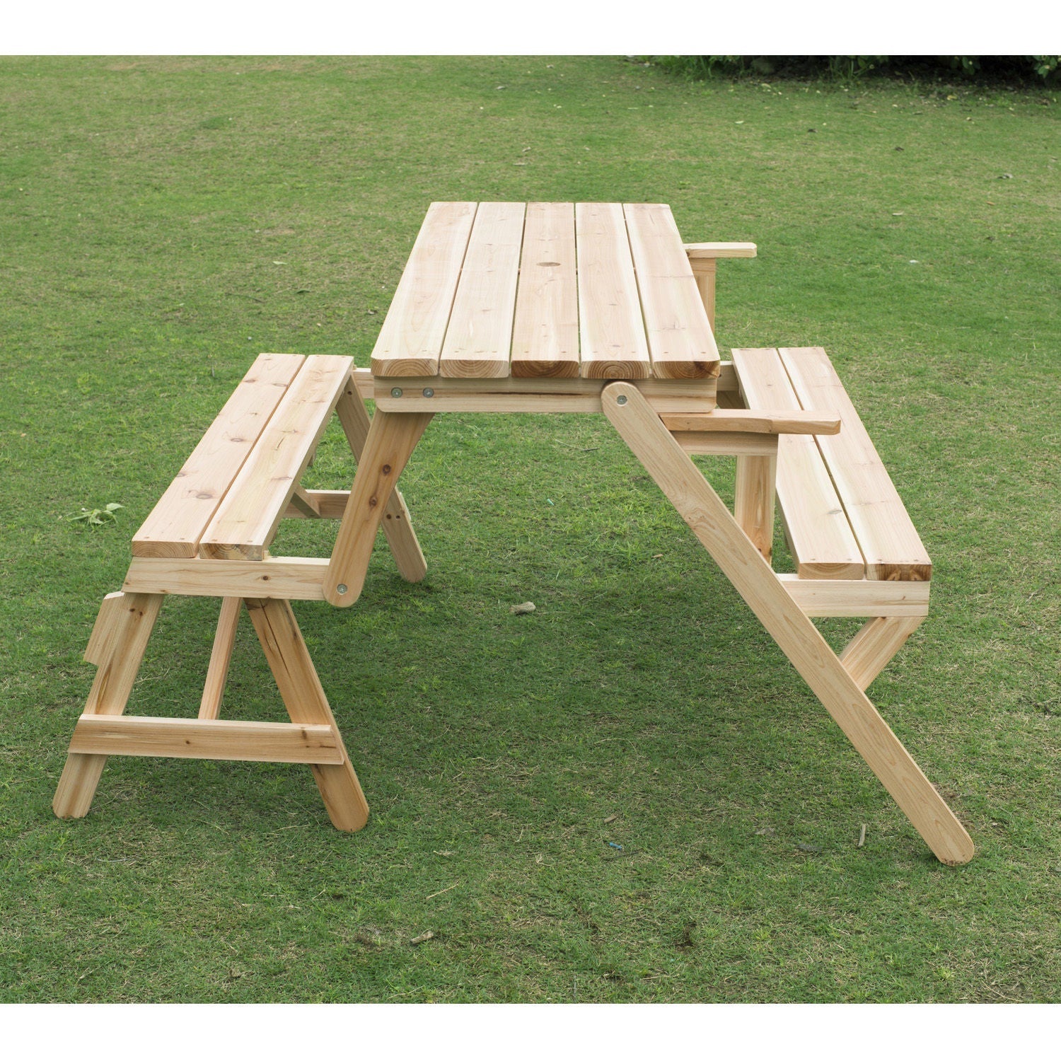 Patio Wooden Folding Picnic Table with Benches, Outdoor 2 in 1 Convertible Patio &; Garden Bench, Foldable Picnic Table with Umbrella Hole, Nature Outdoor Dining Sets   at Gallery Canada