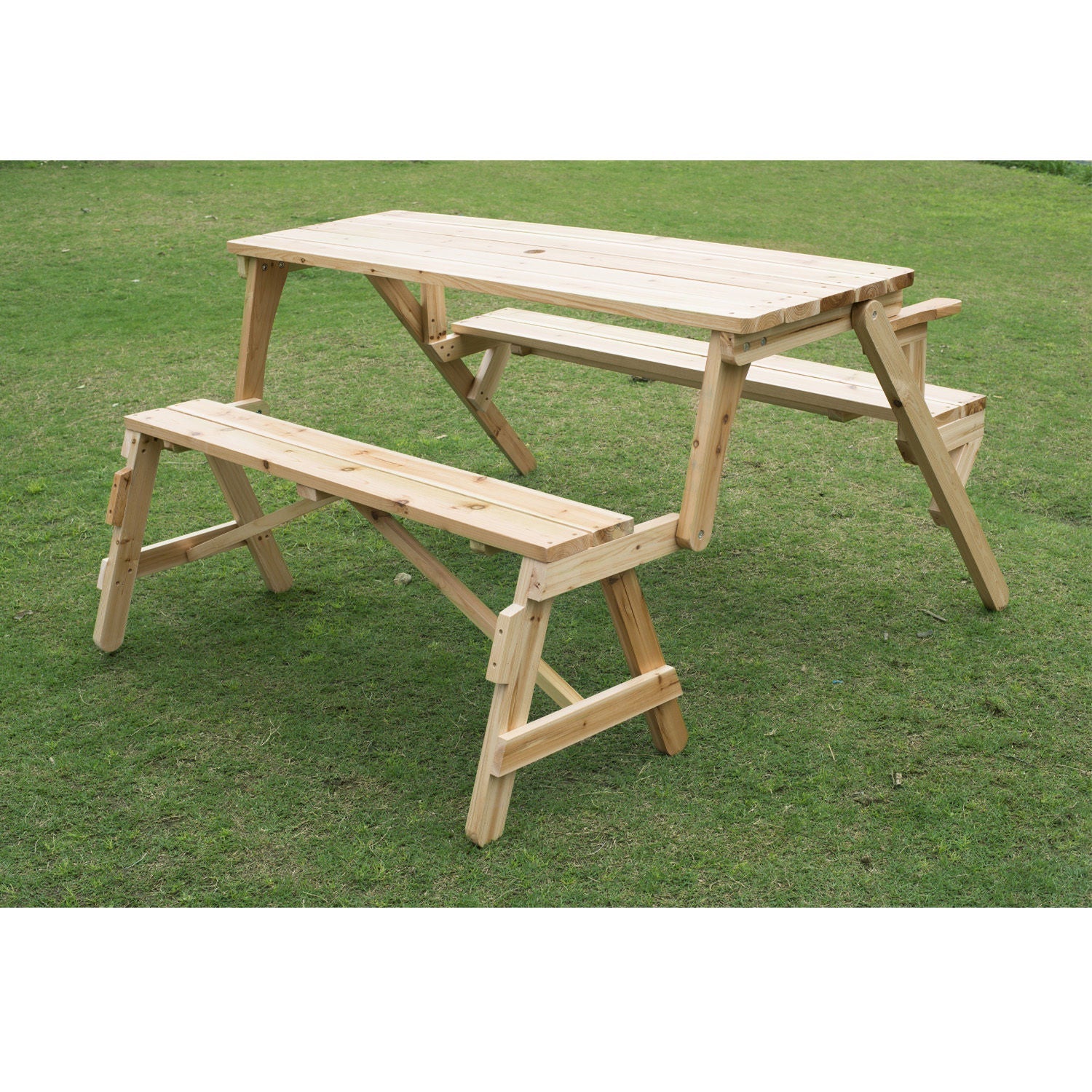 Patio Wooden Folding Picnic Table with Benches, Outdoor 2 in 1 Convertible Patio &; Garden Bench, Foldable Picnic Table with Umbrella Hole, Nature Outdoor Dining Sets   at Gallery Canada