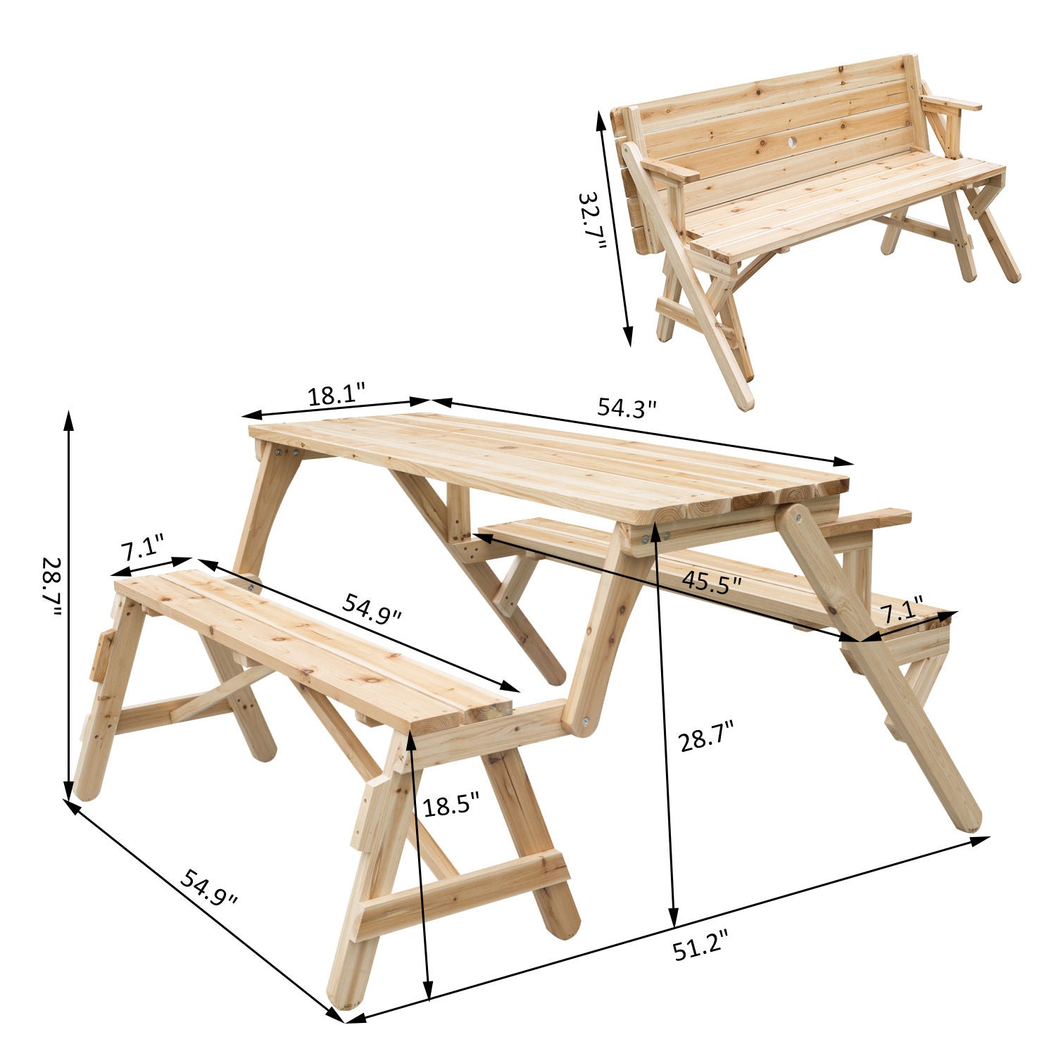 Patio Wooden Folding Picnic Table with Benches, Outdoor 2 in 1 Convertible Patio &; Garden Bench, Foldable Picnic Table with Umbrella Hole, Nature Outdoor Dining Sets   at Gallery Canada