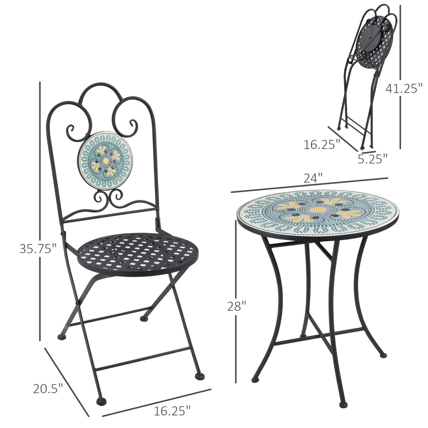 3-Piece Patio Bistro Set with Folding Chairs, Outdoor Coffee Set with Mosaic Top for Backyard, Balcony, Poolside, Green Bistro Sets   at Gallery Canada