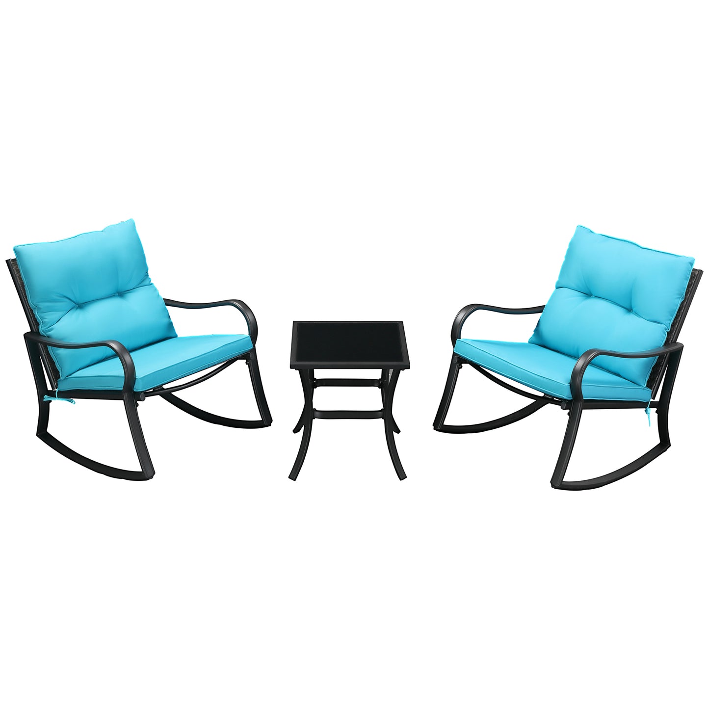 Outdoor PE Rattan Rocking Chair Set with Cushions and Table, Blue Outdoor Rocking Chairs Multi Colour  at Gallery Canada