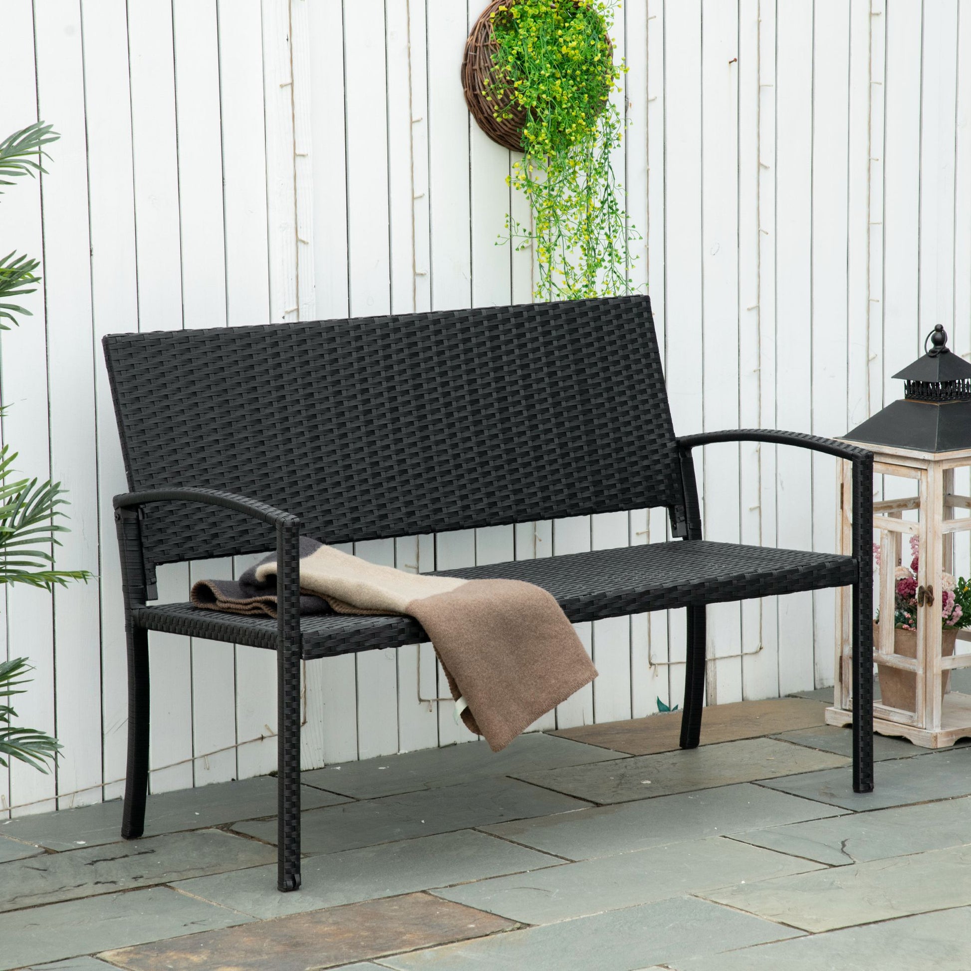 Rattan Wicker Loveseat Garden Bench Hand Woven Portable Backyard Black Patio Chairs   at Gallery Canada