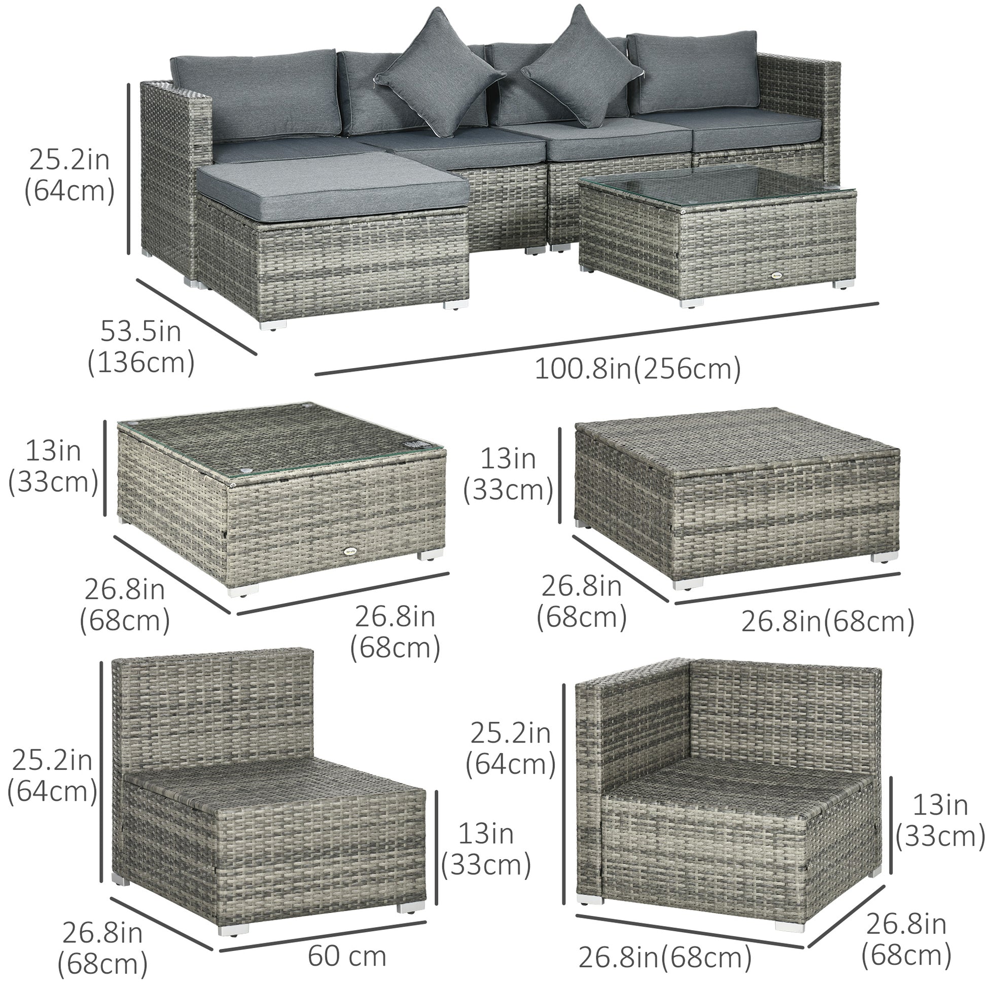 6-Piece Outdoor Rattan Wicker Patio Sofa Set with Cushions and Glass Table, Grey Patio Furniture Sets   at Gallery Canada