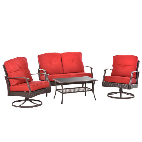 4 PCS Patio PE Rattan Wicker Sofa Set Outdoor Conversation Furniture w/ Two Tier Tea Table &; Cushions, Red