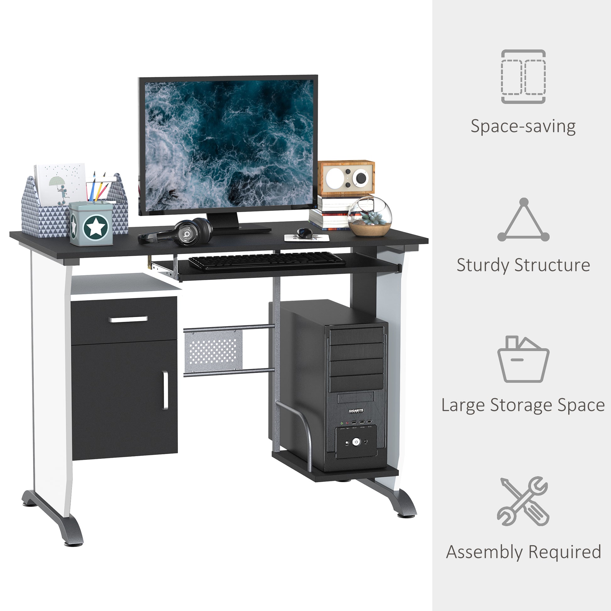 Computer Desk Table Home Office Furniture with Keyboard Tray and CPU Stand, Black and White Computer Desks   at Gallery Canada