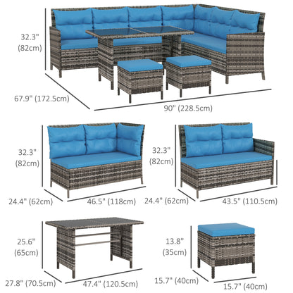 6pcs Outdoor Rattan Sofa Set Garden Wicker Sectional Couch Furniture Set with Dining Table and Chair Blue Patio Furniture Sets   at Gallery Canada