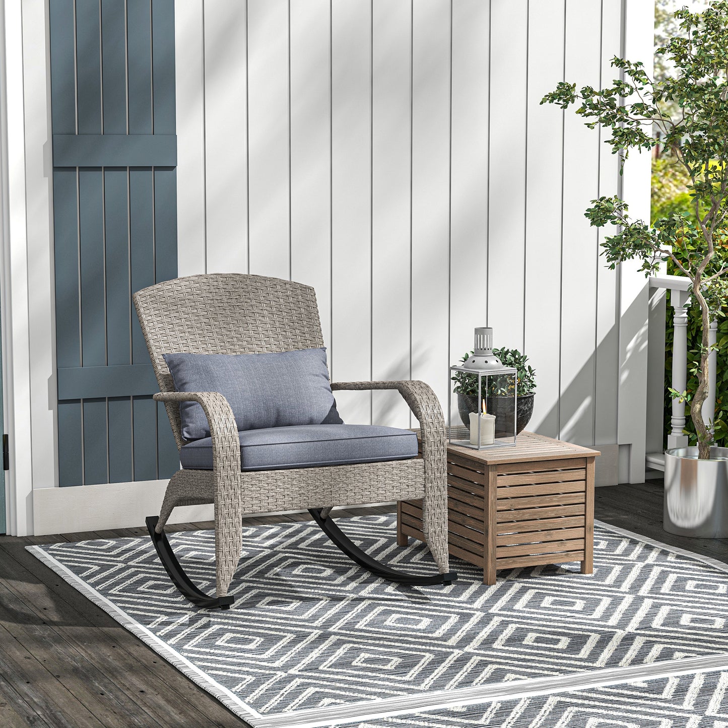 Adirondack Chair, Outdoor Wicker Rocking Chair with High Back, Seat Cushion and Pillow for Porch, Balcony, Grey Patio Chairs   at Gallery Canada