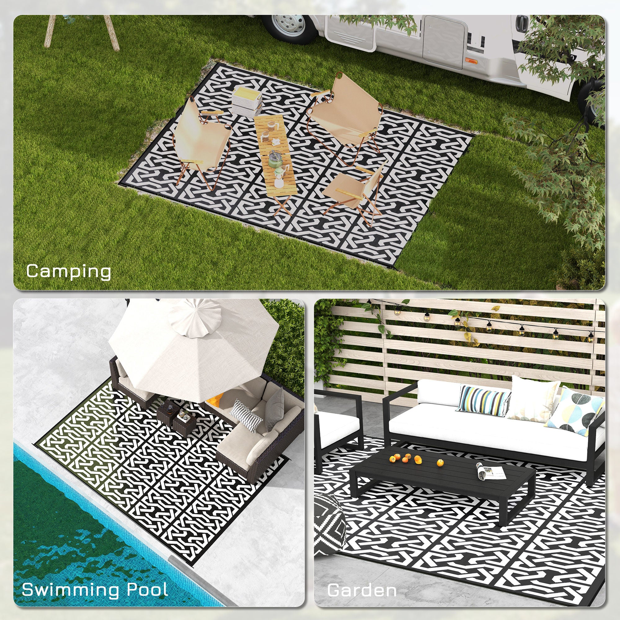 Reversible Outdoor Rug Waterproof Plastic Straw RV Rug with Carry Bag, 9' x 12', Black and White Chain Outdoor Reversible Rugs   at Gallery Canada