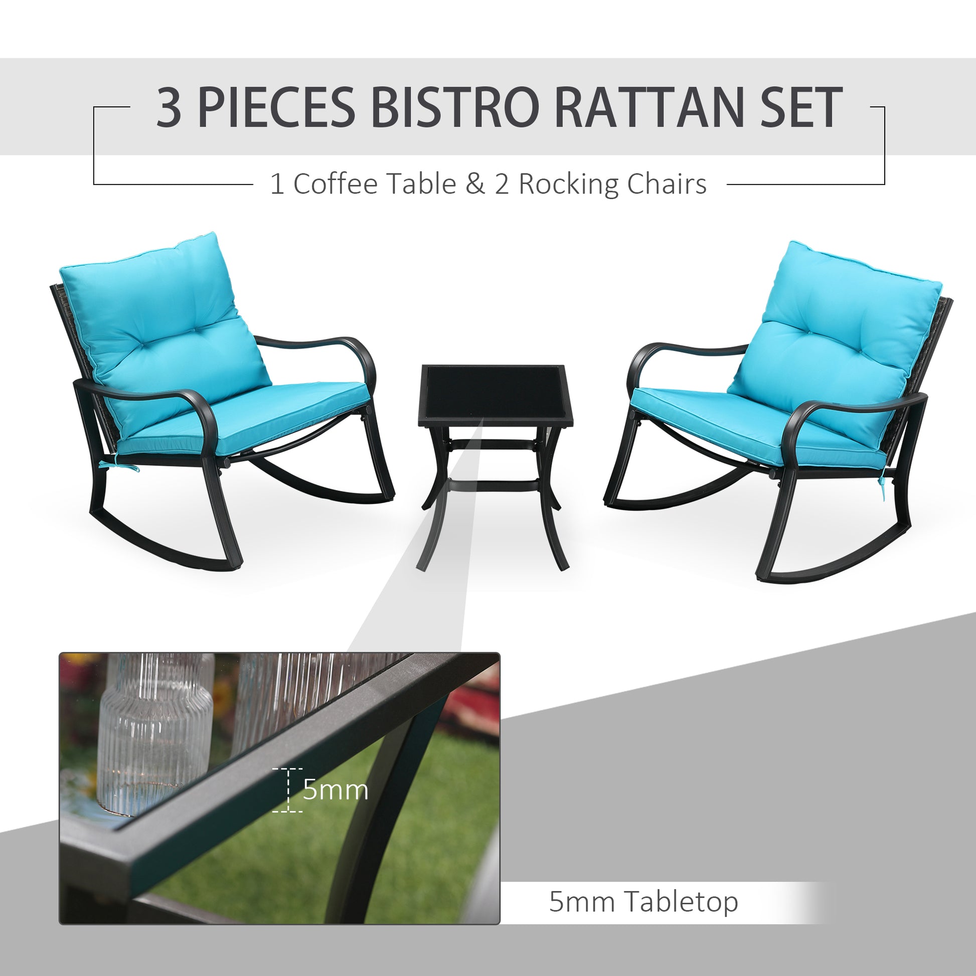 Outdoor PE Rattan Rocking Chair Set with Cushions and Table, Blue Outdoor Rocking Chairs   at Gallery Canada